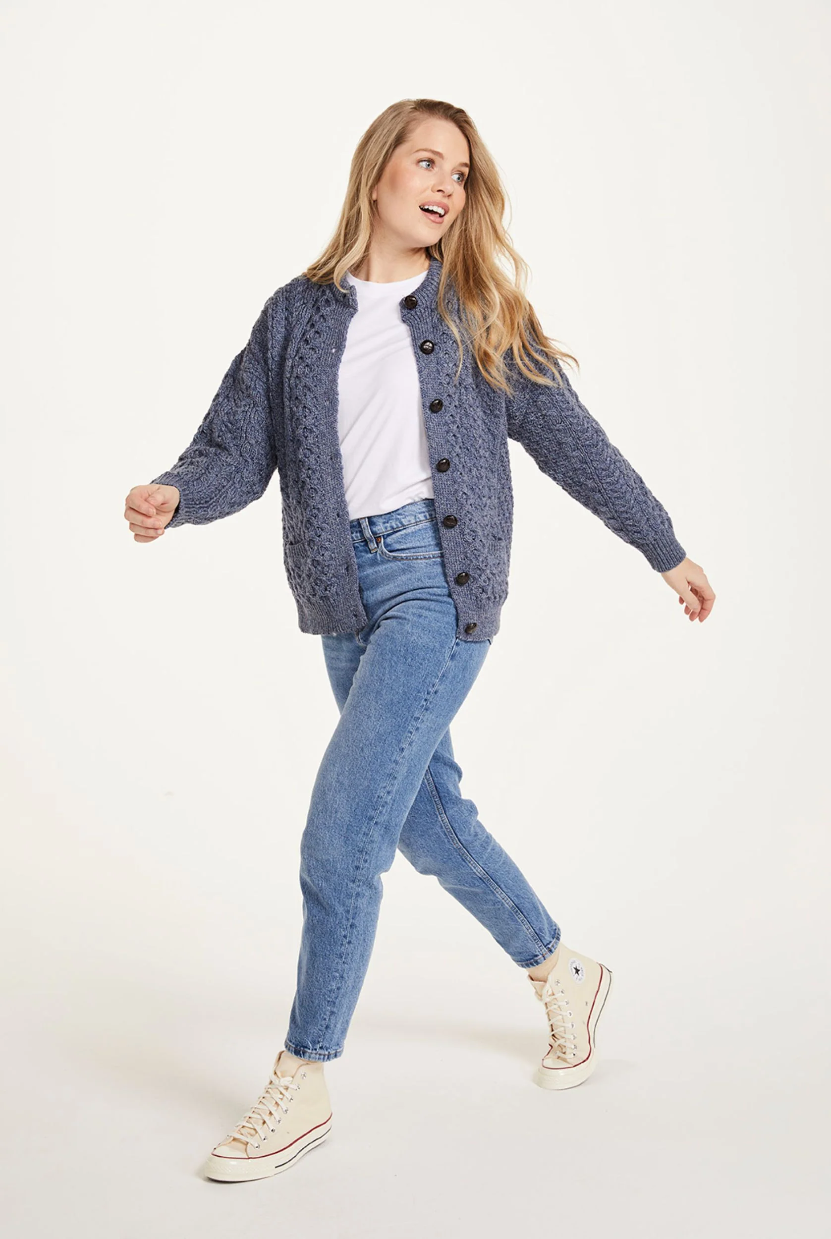 Achill Island Ladies Merino Aran Cardigan - Denim - Image 4