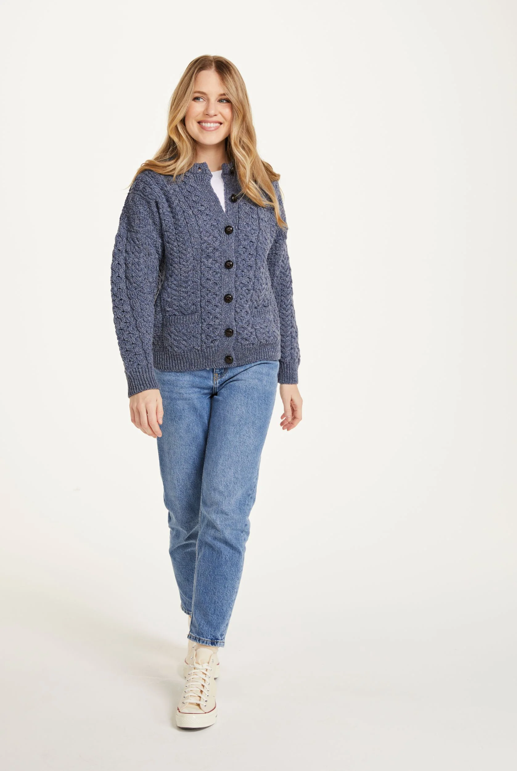 Achill Island Ladies Merino Aran Cardigan - Denim - Image 5