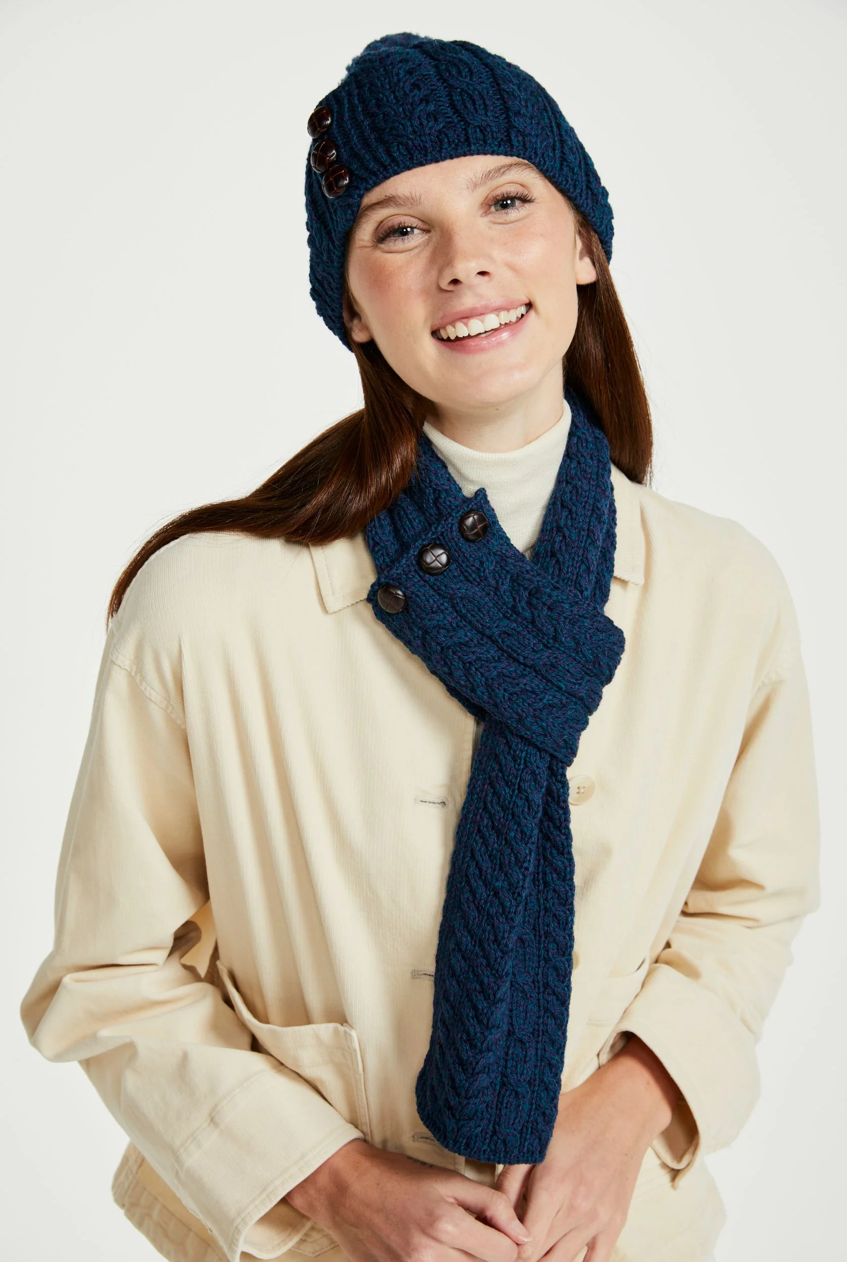 Ballina Aran Buttoned Loop Scarf - Atlantic - Image 5