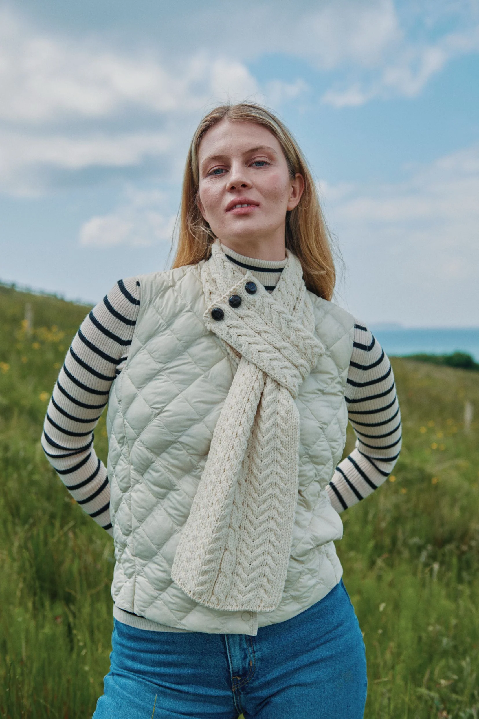 Ballina Aran Buttoned Loop Scarf - Cream - Image 3