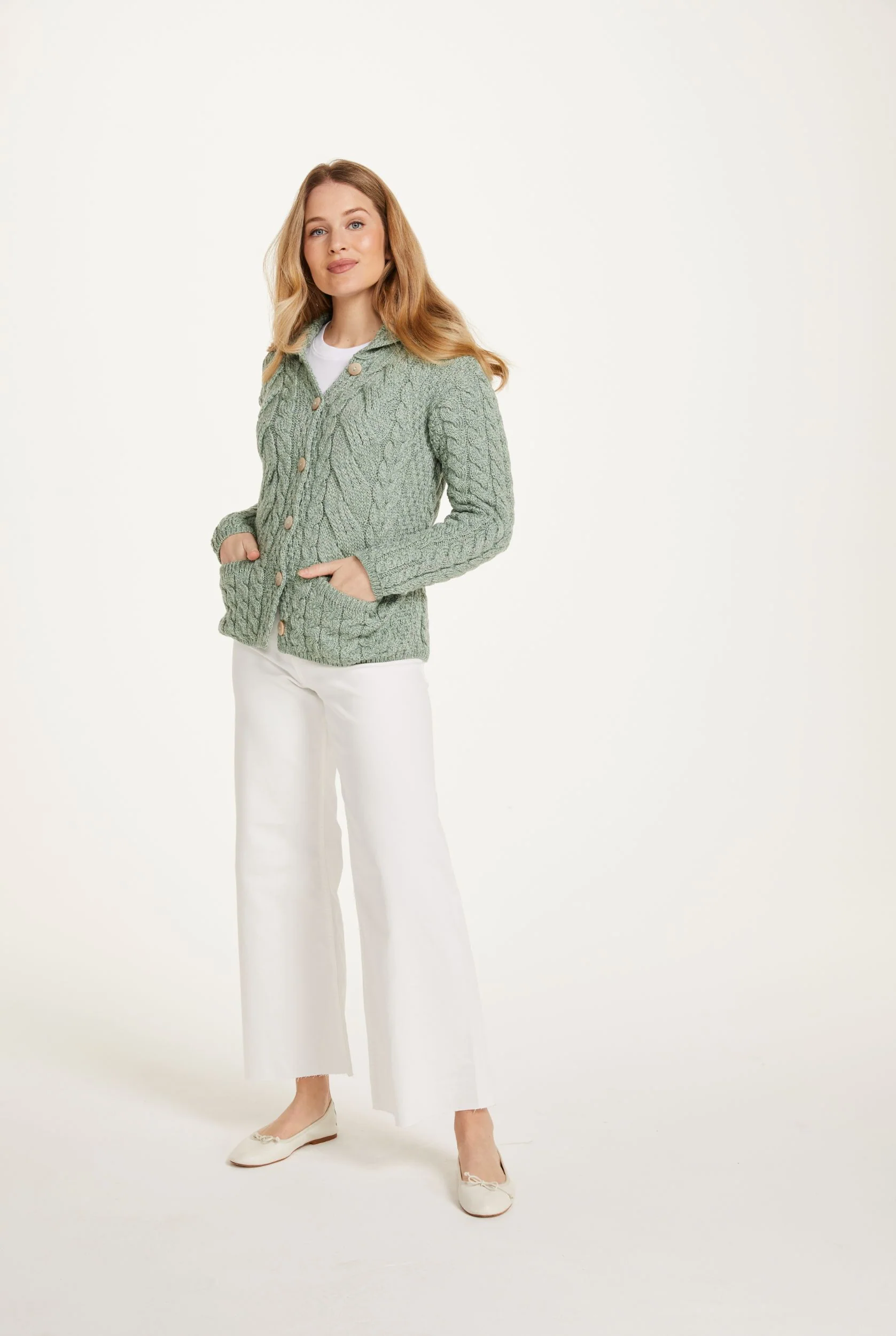 Belcarra Ladies Aran Cardigan - Mint Green - Image 3