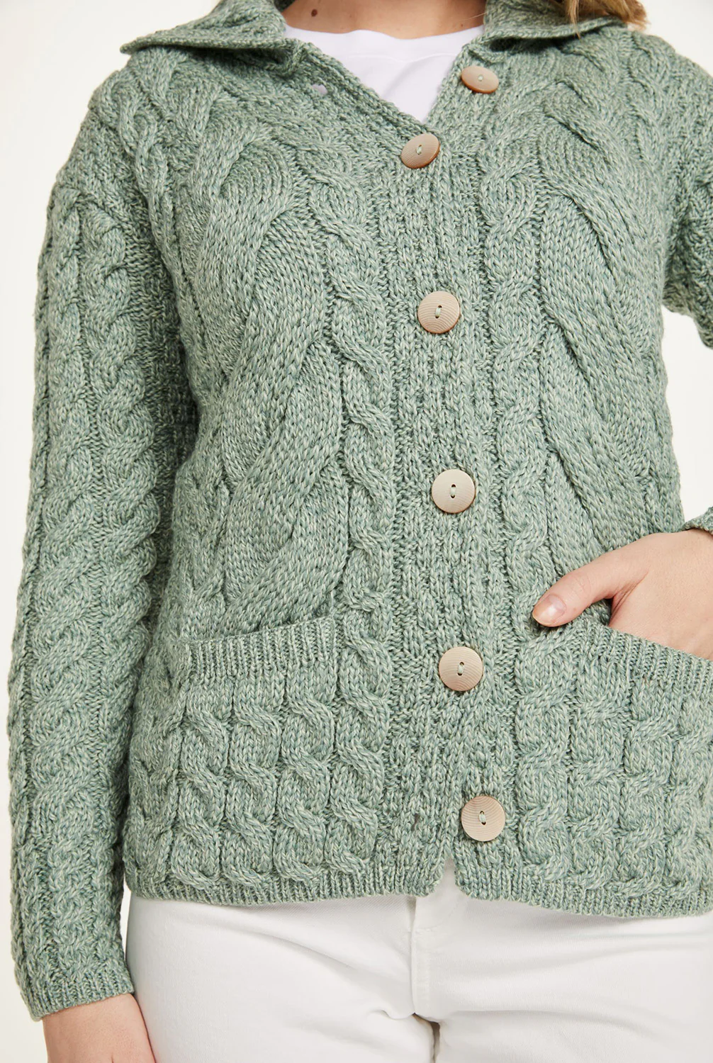 Belcarra Ladies Aran Cardigan - Mint Green - Image 4