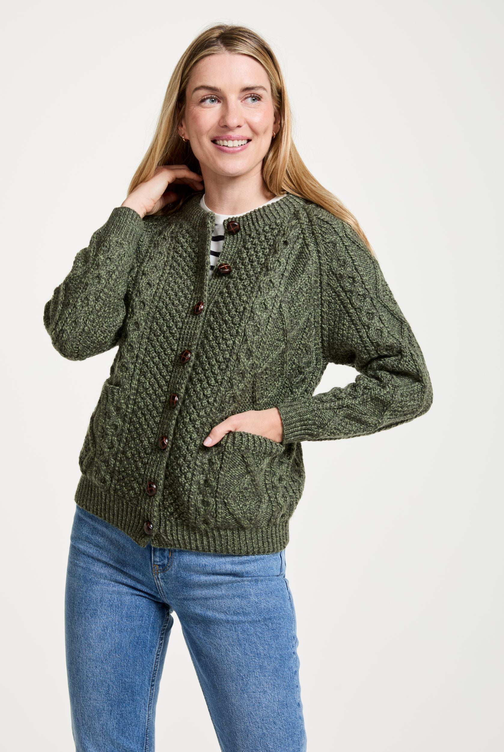 Breaffy Ladies Aran Cardigan - Green - Image 3