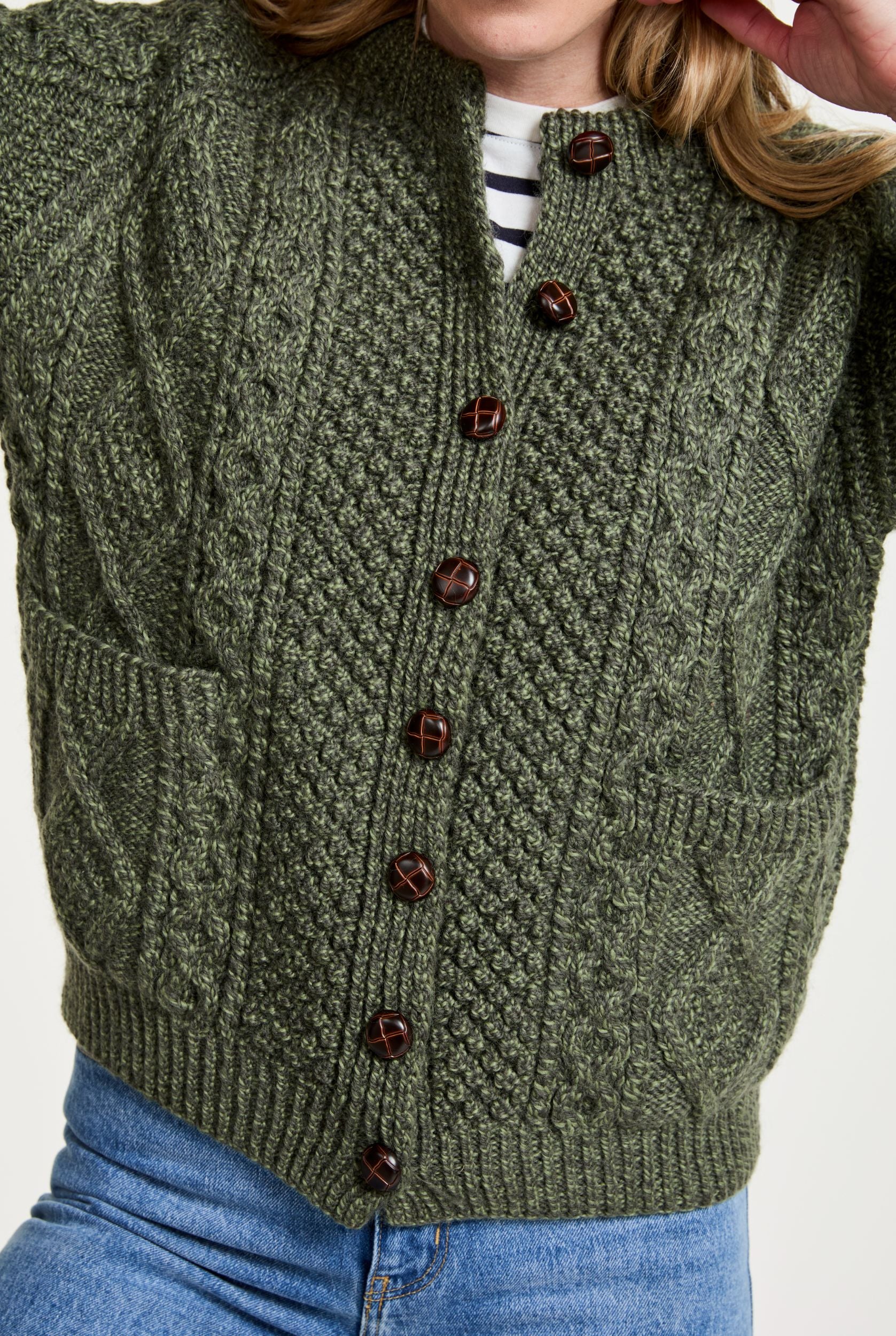 Breaffy Ladies Aran Cardigan - Green - Image 4