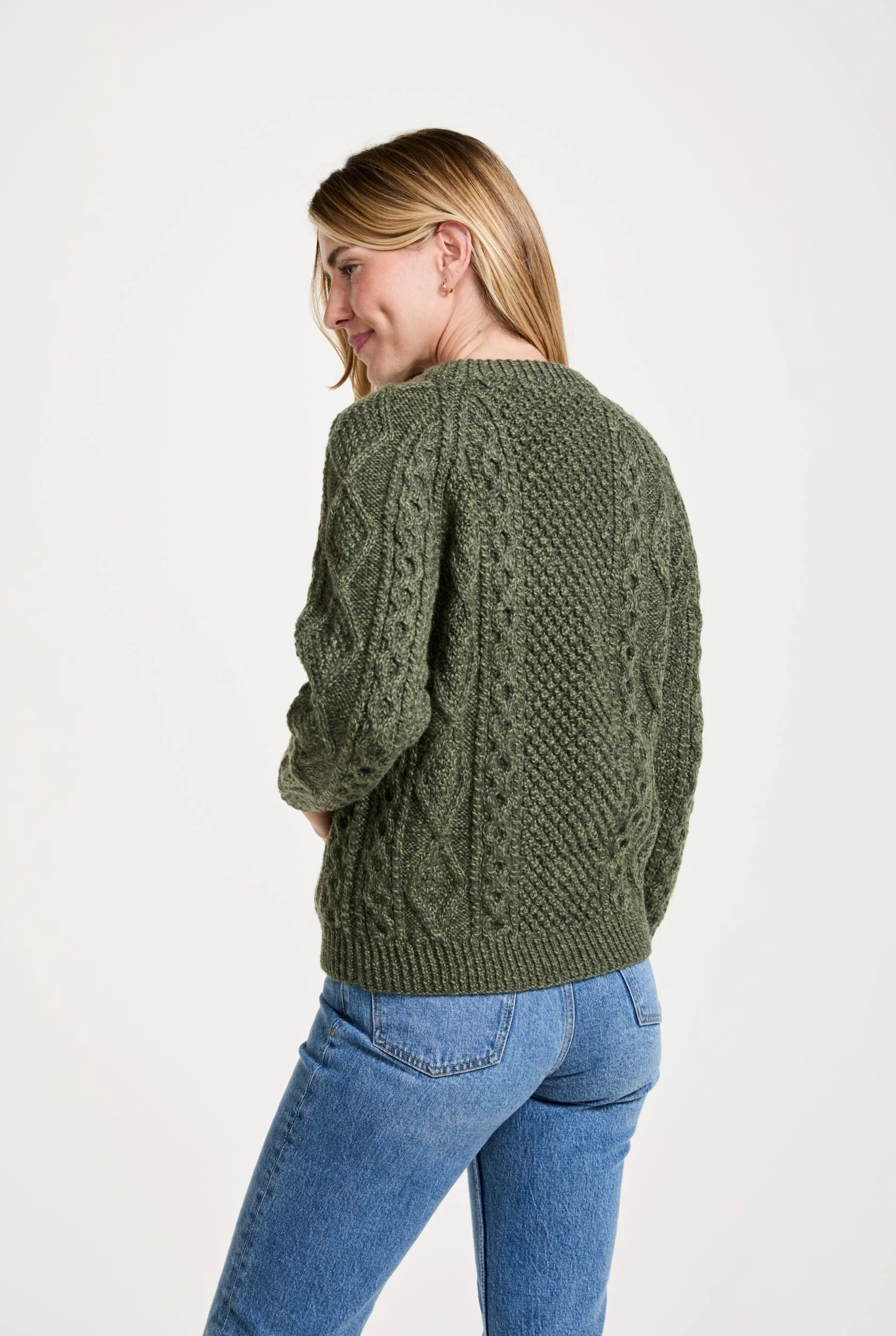 Breaffy Ladies Aran Cardigan - Green - Image 5