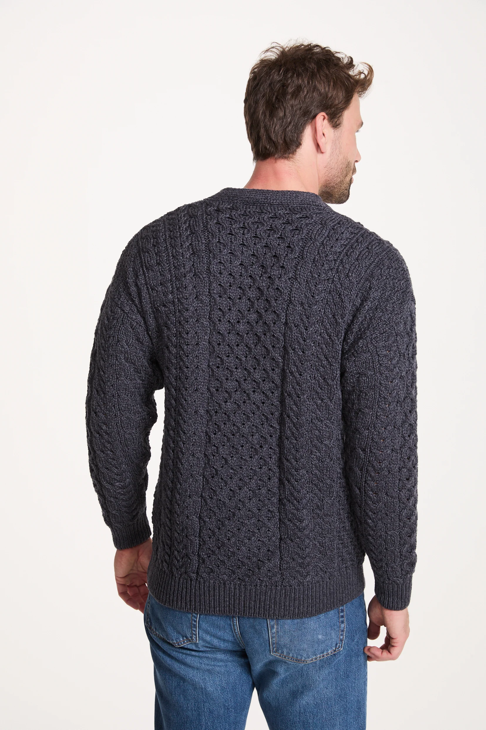 Clare Island Mens Merino Aran Cardigan - Charcoal - Image 4