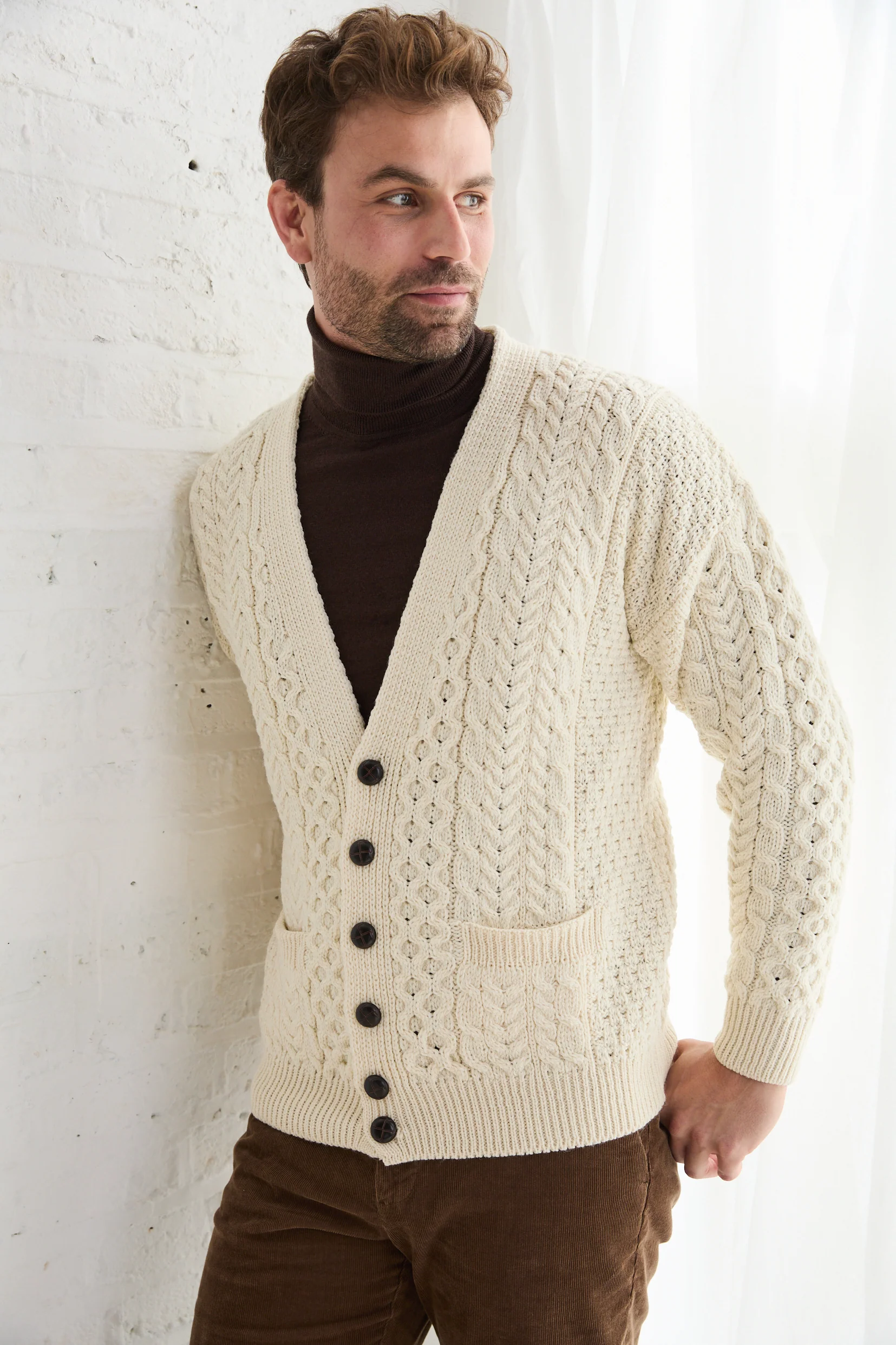 Clare Island Mens Merino Aran Cardigan -  Cream - Image 3