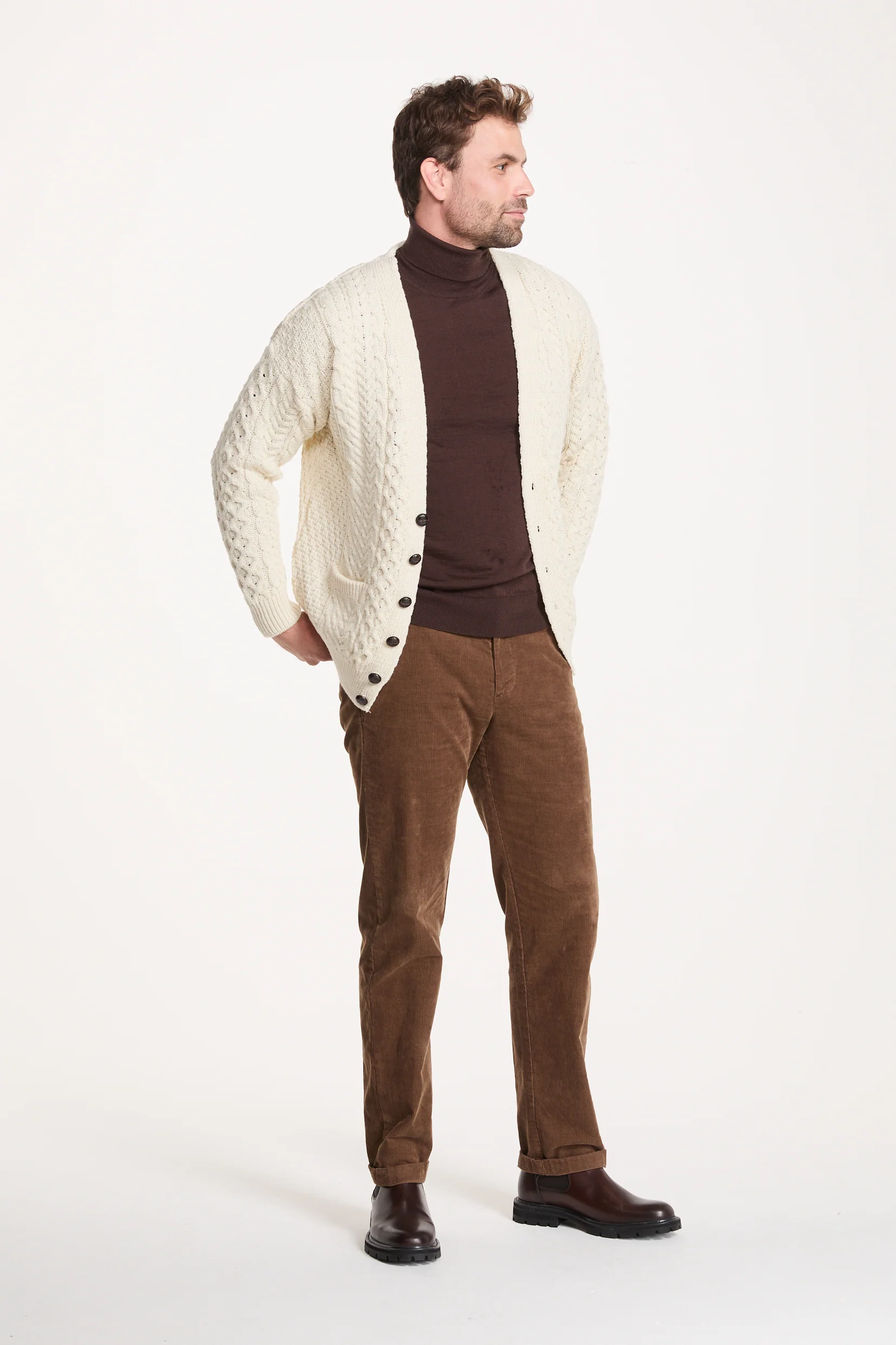 Clare Island Mens Merino Aran Cardigan -  Cream - Image 5