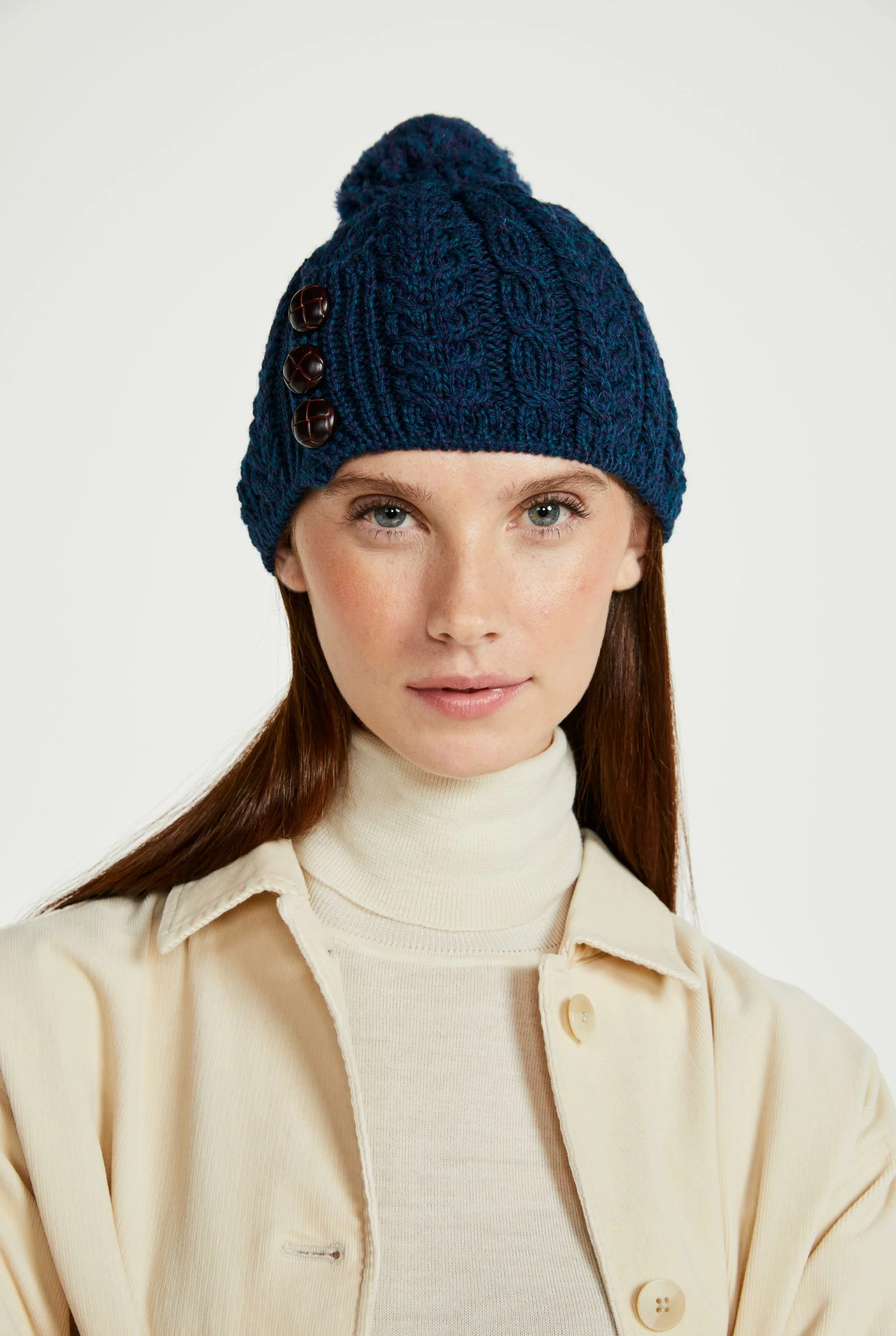 Cong Aran Merino Hat with Pom Pom -  Atlantic Blue - Image 3