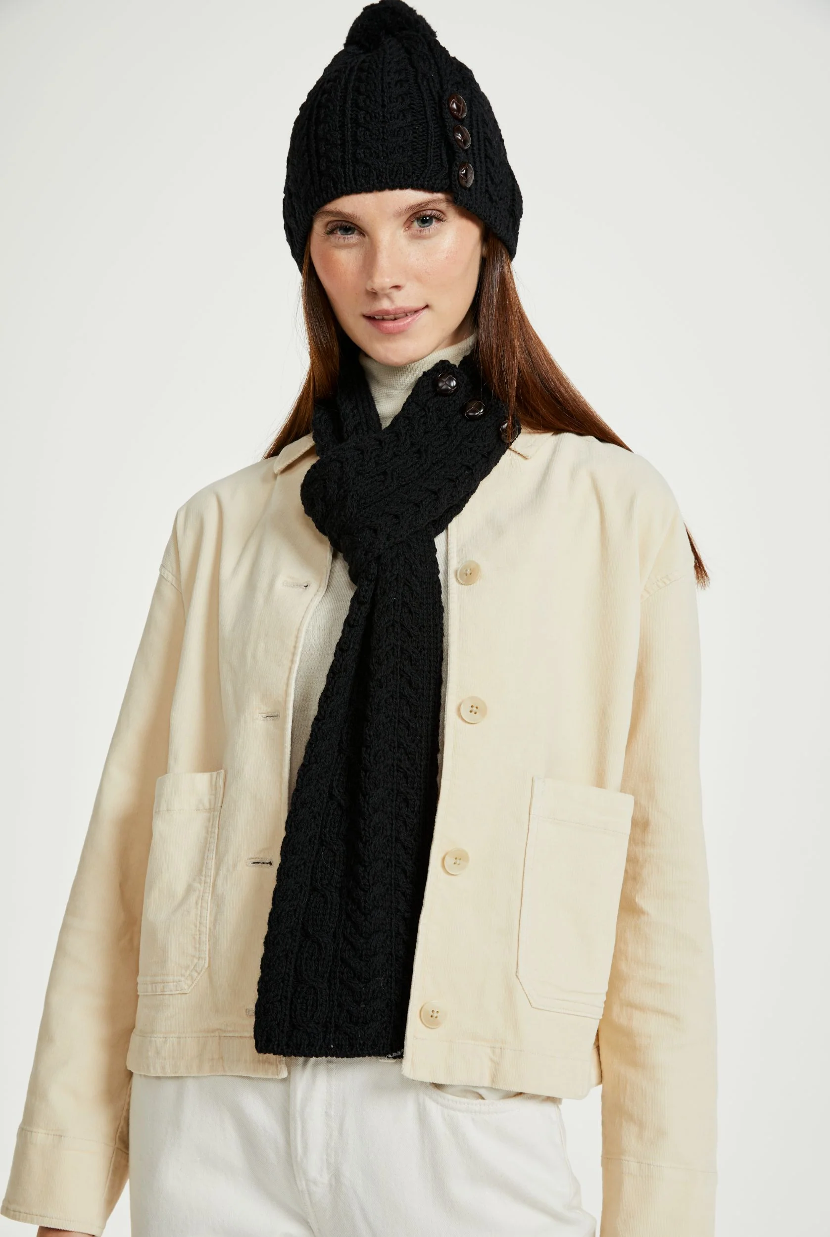 Cong Aran Merino Hat with Pom Pom -  Black - Image 3