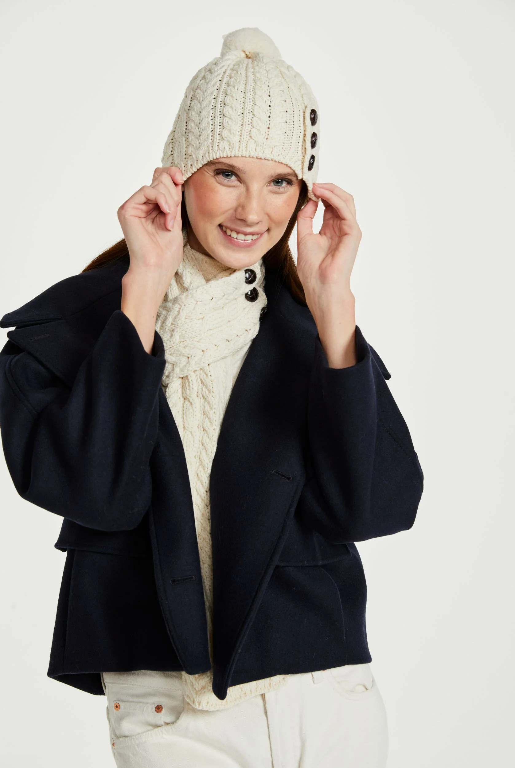 Cong Aran Merino Hat with Pom Pom -  Cream - Image 5