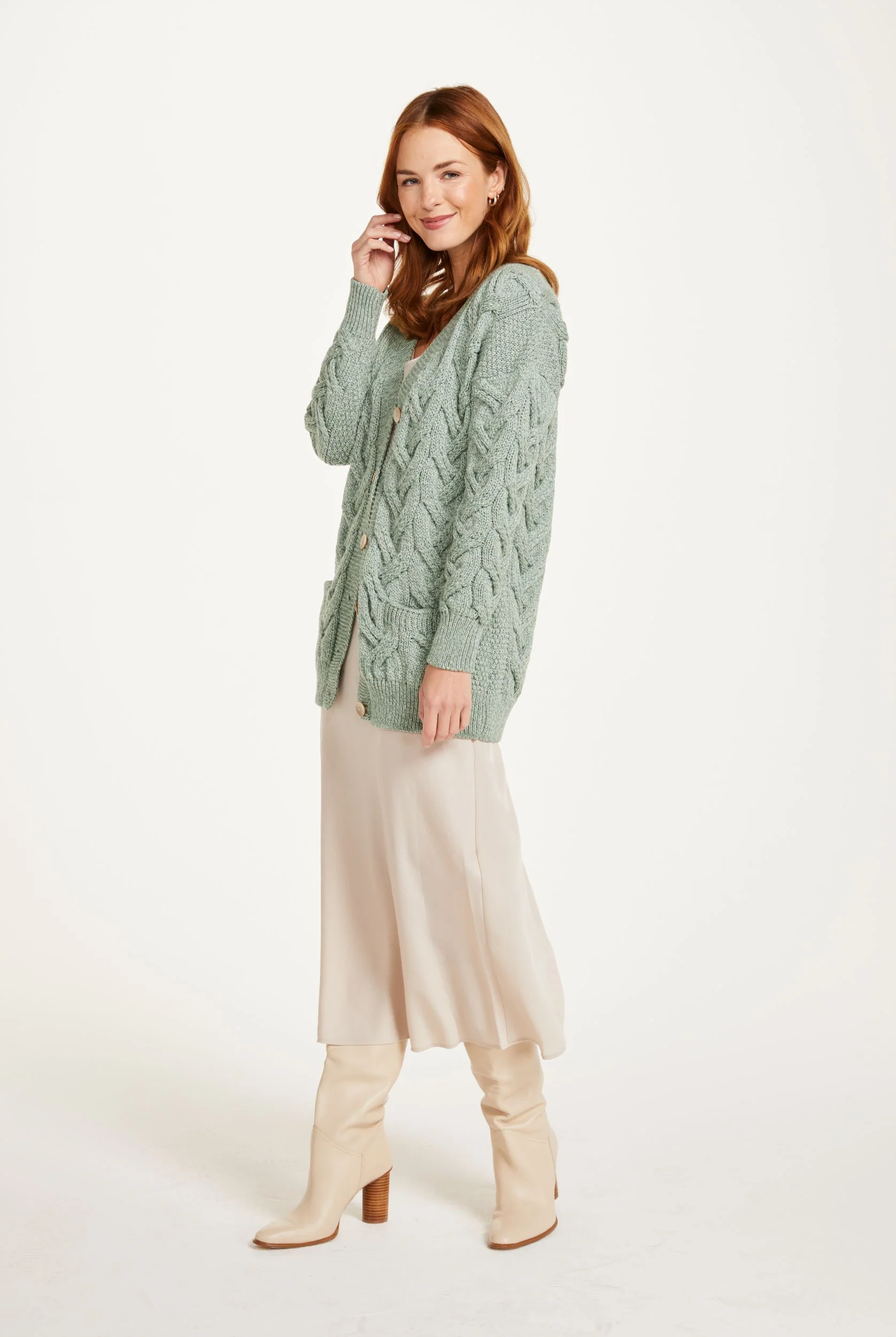Downpatrick Ladies Aran Cardigan - Mint Green - Image 3
