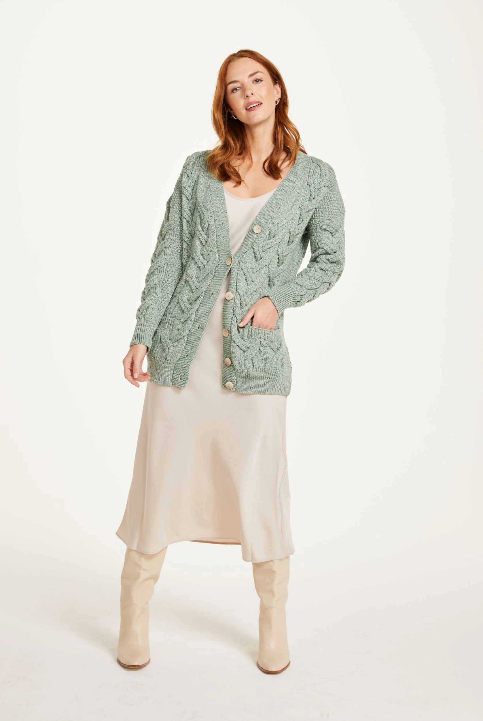 Downpatrick Ladies Aran Cardigan - Mint Green - Image 4