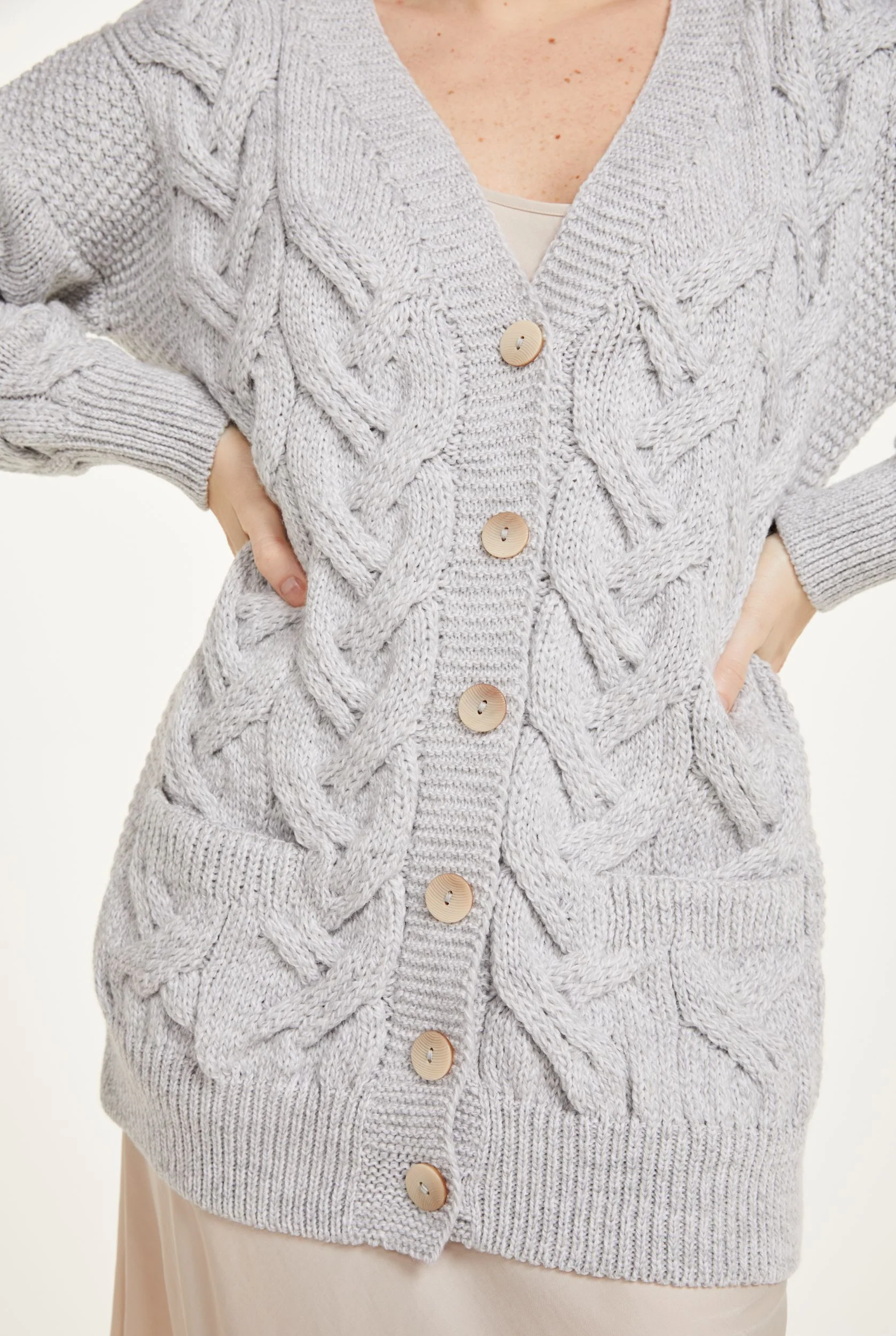 Downpatrick Ladies Aran Cardigan - Feathered Grey - Image 3