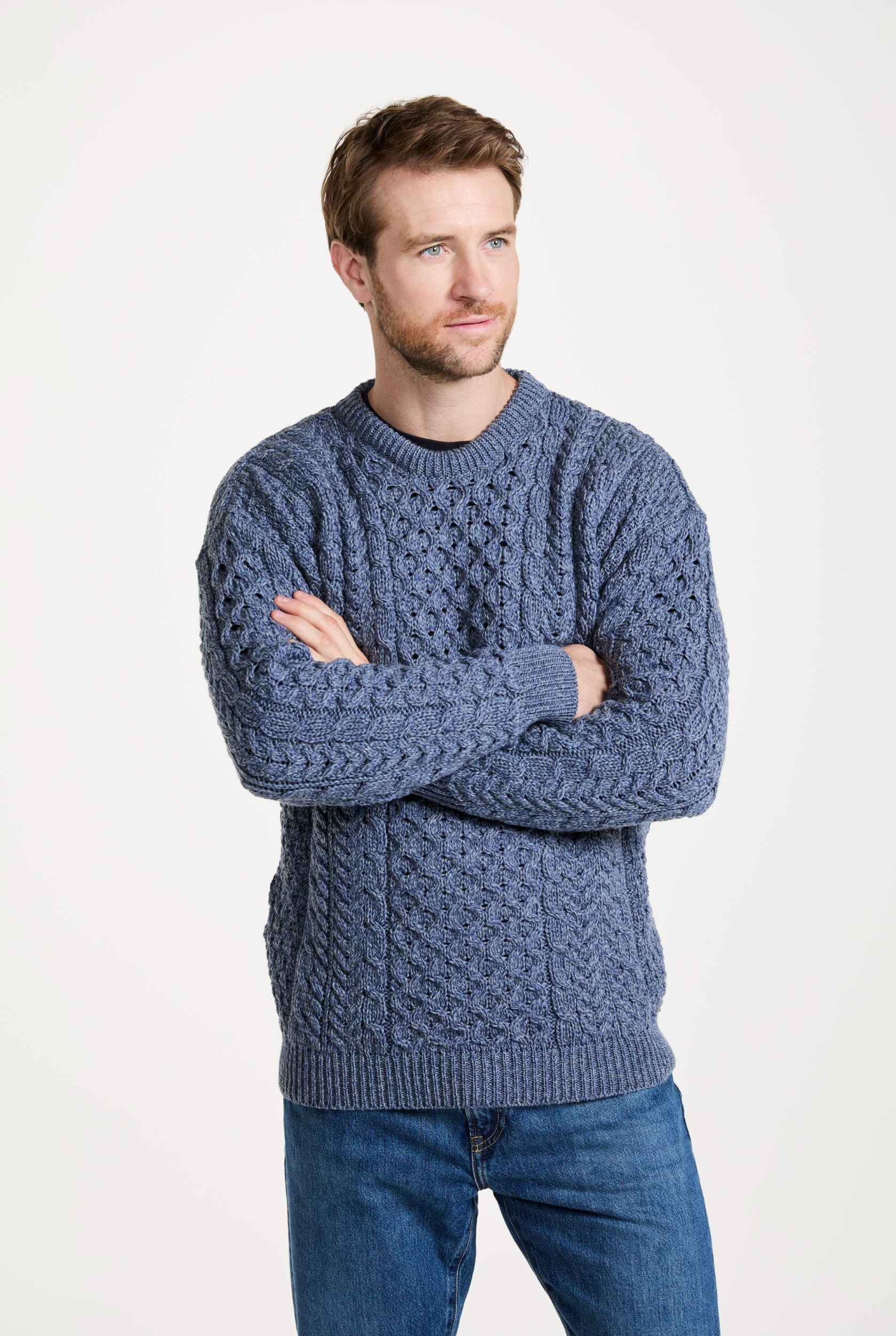 Inisheer Traditional Mens Merino Aran Sweater - Blue Grey - Image 4
