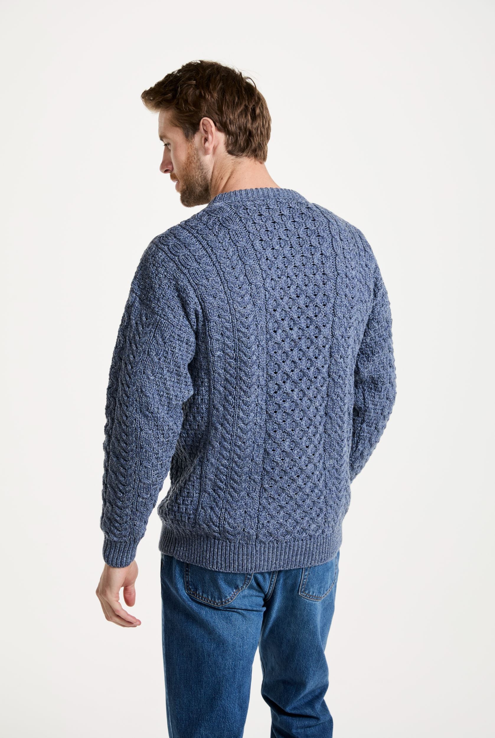 Inisheer Traditional Mens Merino Aran Sweater - Blue Grey - Image 5