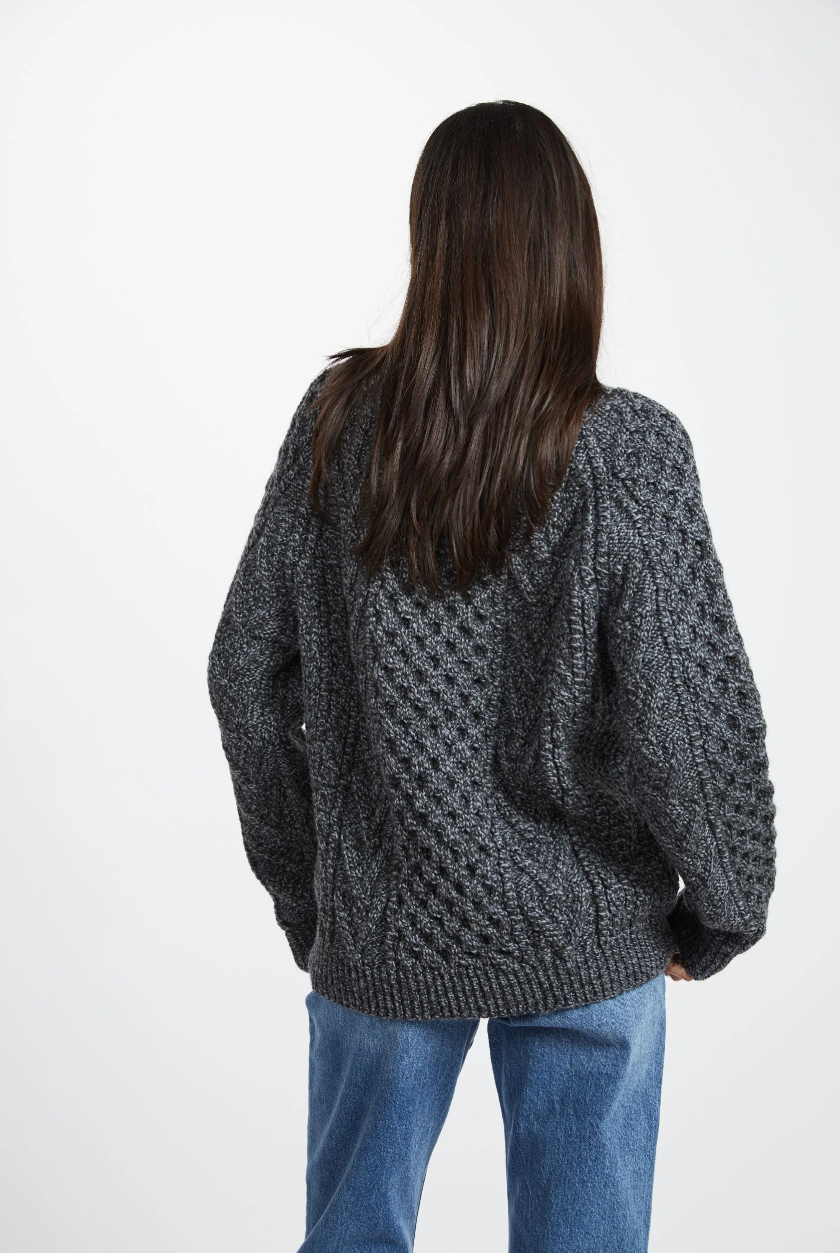 Kilronan Aran Ladies Honeycomb Sweater - Charcoal - Image 3