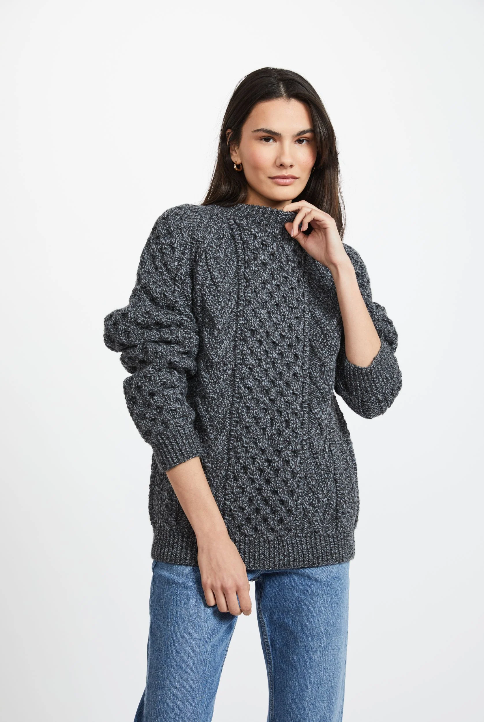 Kilronan Aran Ladies Honeycomb Sweater - Charcoal - Image 4