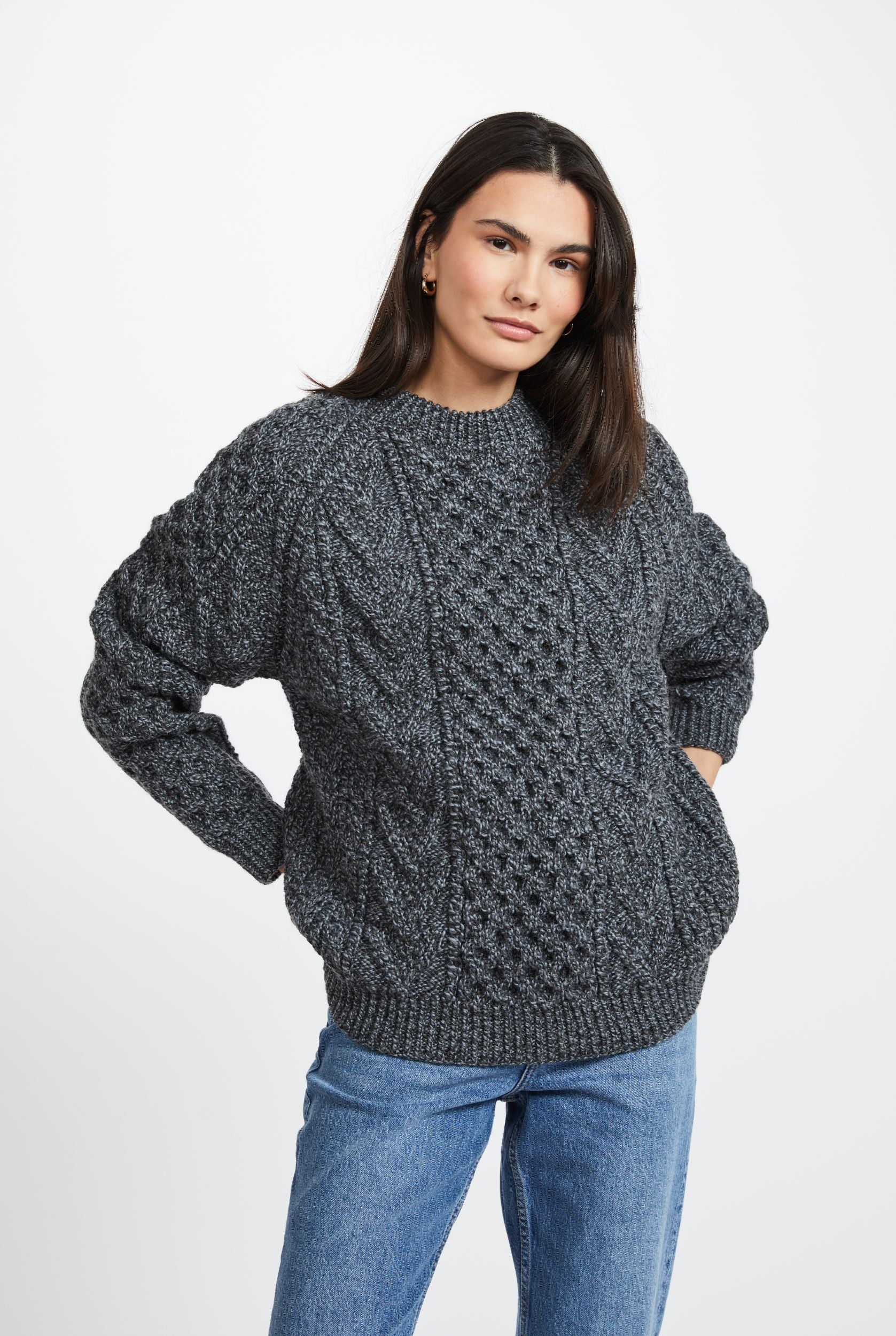 Kilronan Aran Ladies Honeycomb Sweater - Charcoal - Image 5