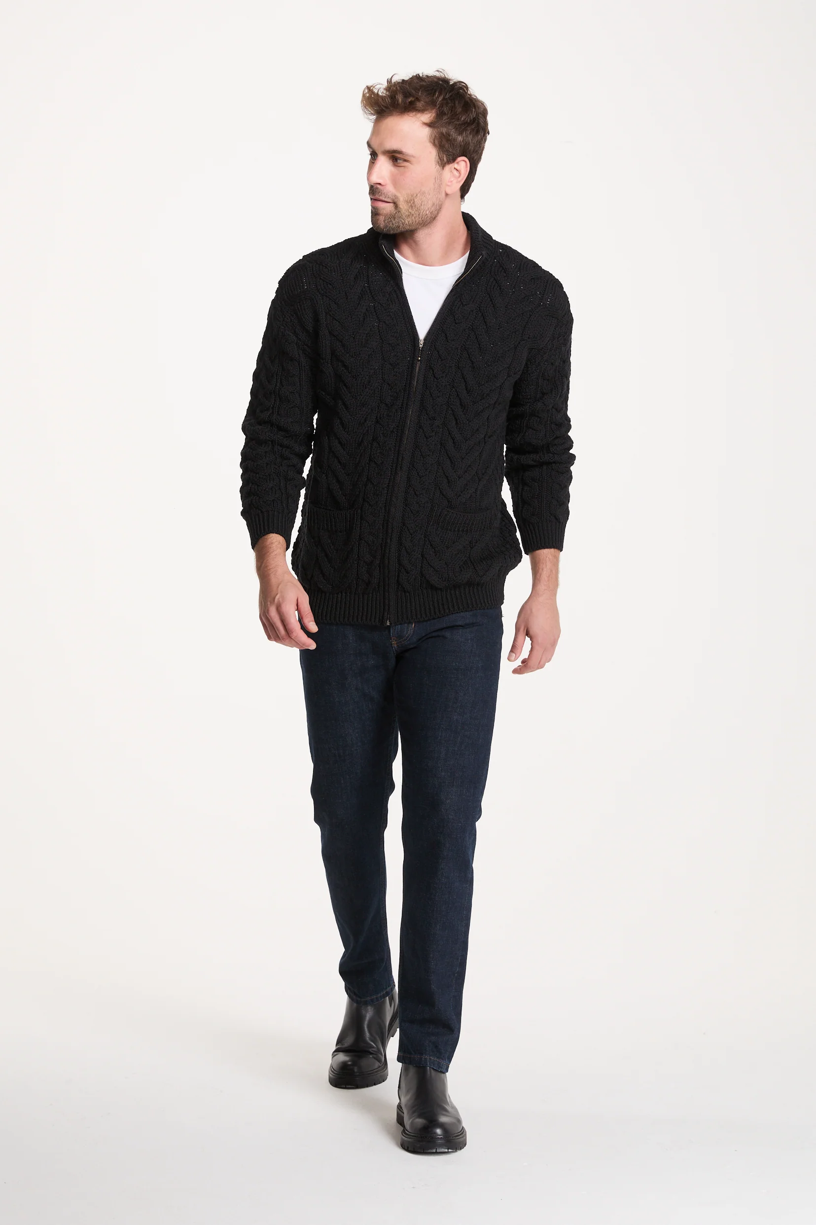 Corraun Mens Aran Zipper Merino Cardigan - Black - Image 3