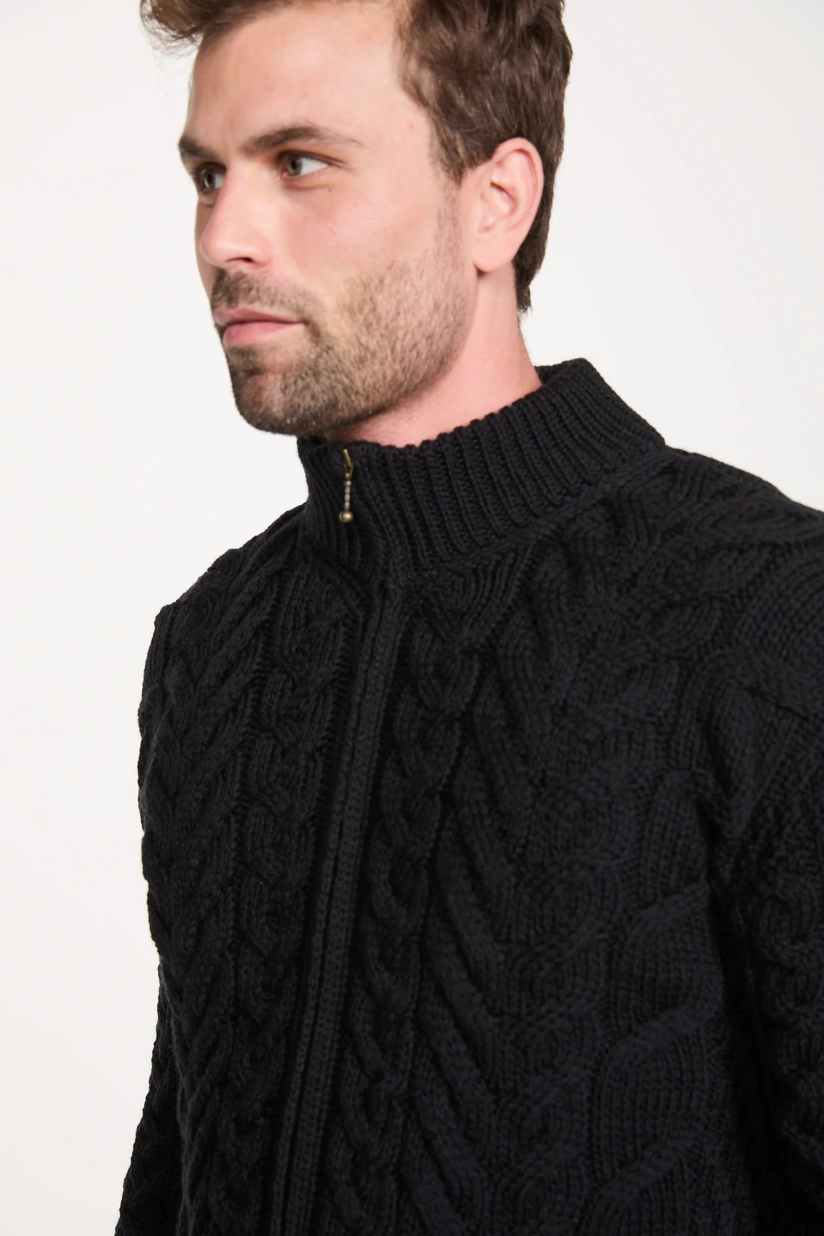 Corraun Mens Aran Zipper Merino Cardigan - Black - Image 4