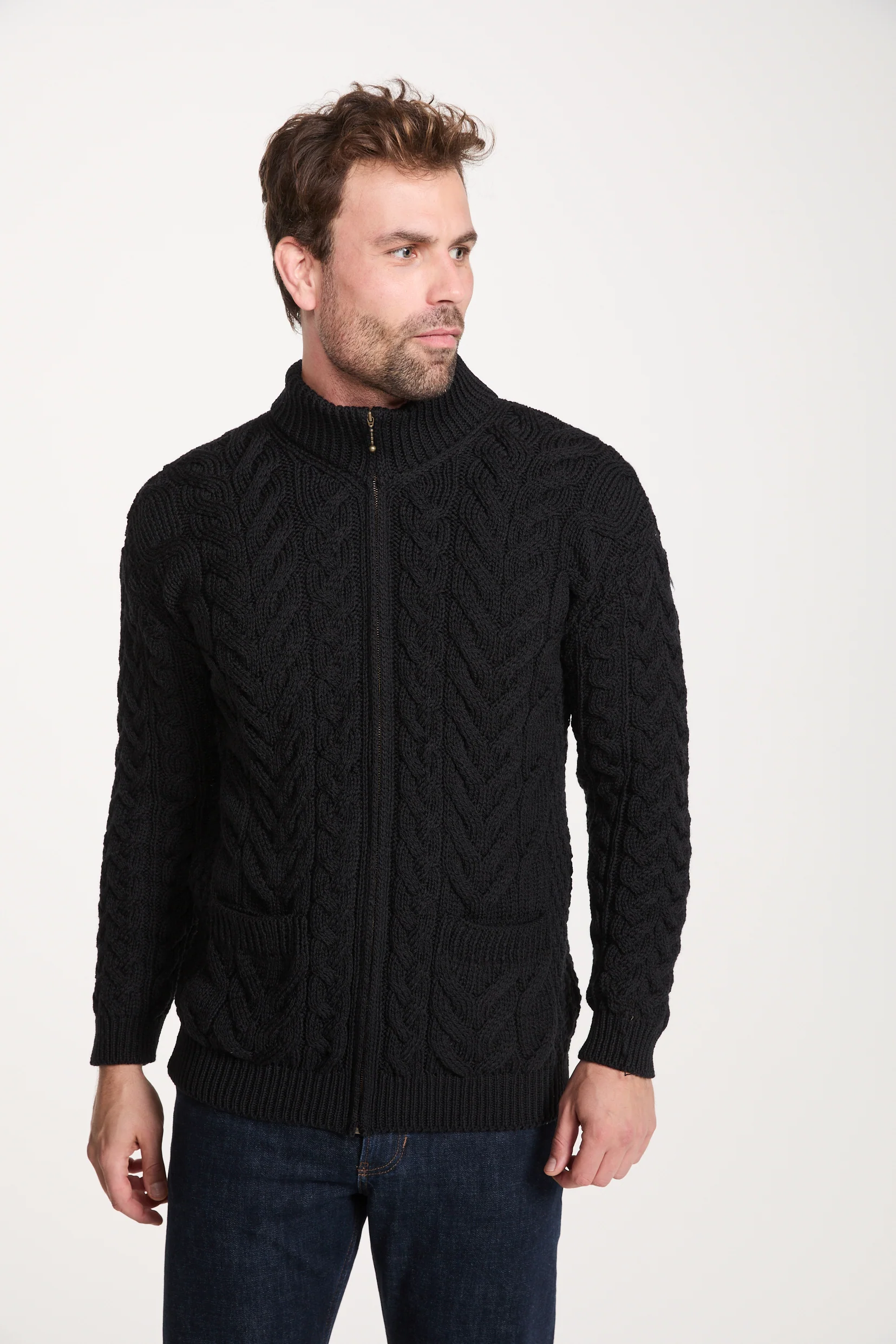 Corraun Mens Aran Zipper Merino Cardigan - Black - Image 5