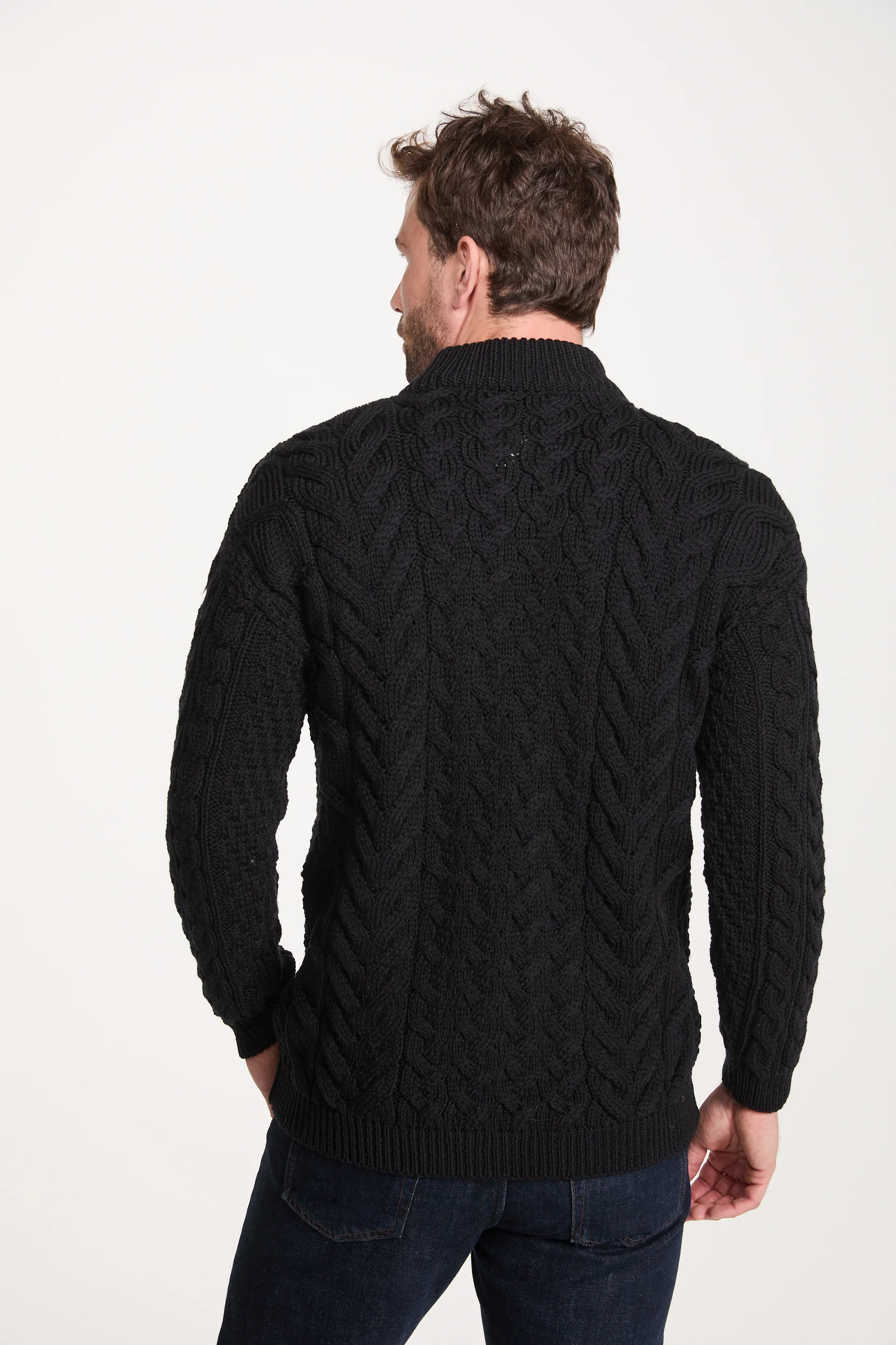 Corraun Mens Aran Zipper Merino Cardigan - Black - Image 6