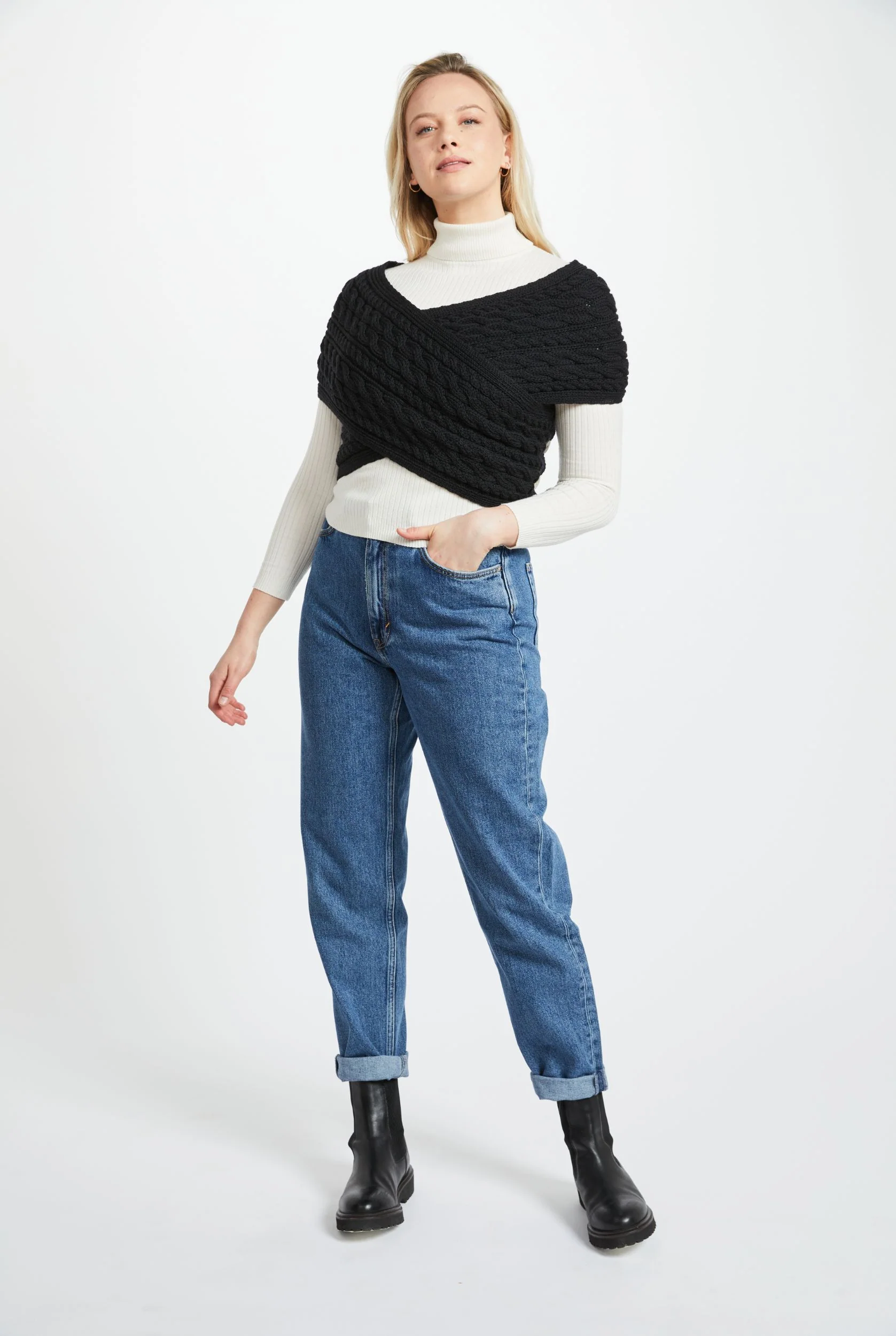 Corrib Crossover Merino Aran Wrap -  Black - Image 3