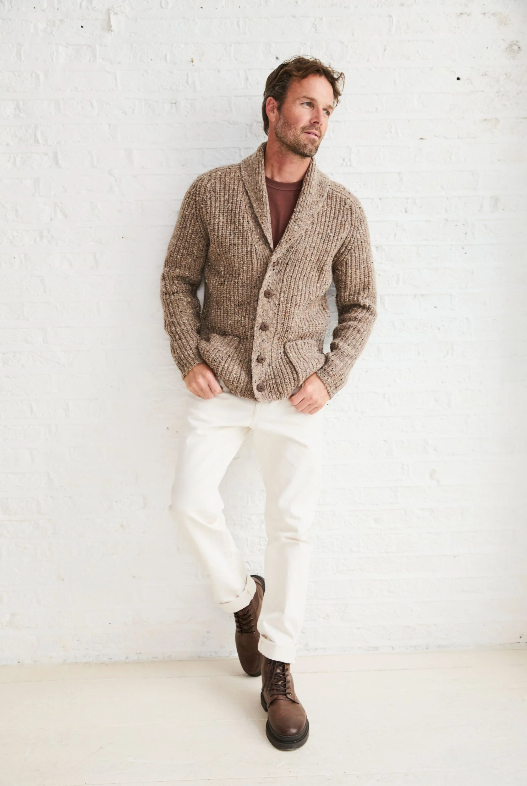 Curragh Mens Rib Shawl Cardigan - Oat - Image 5