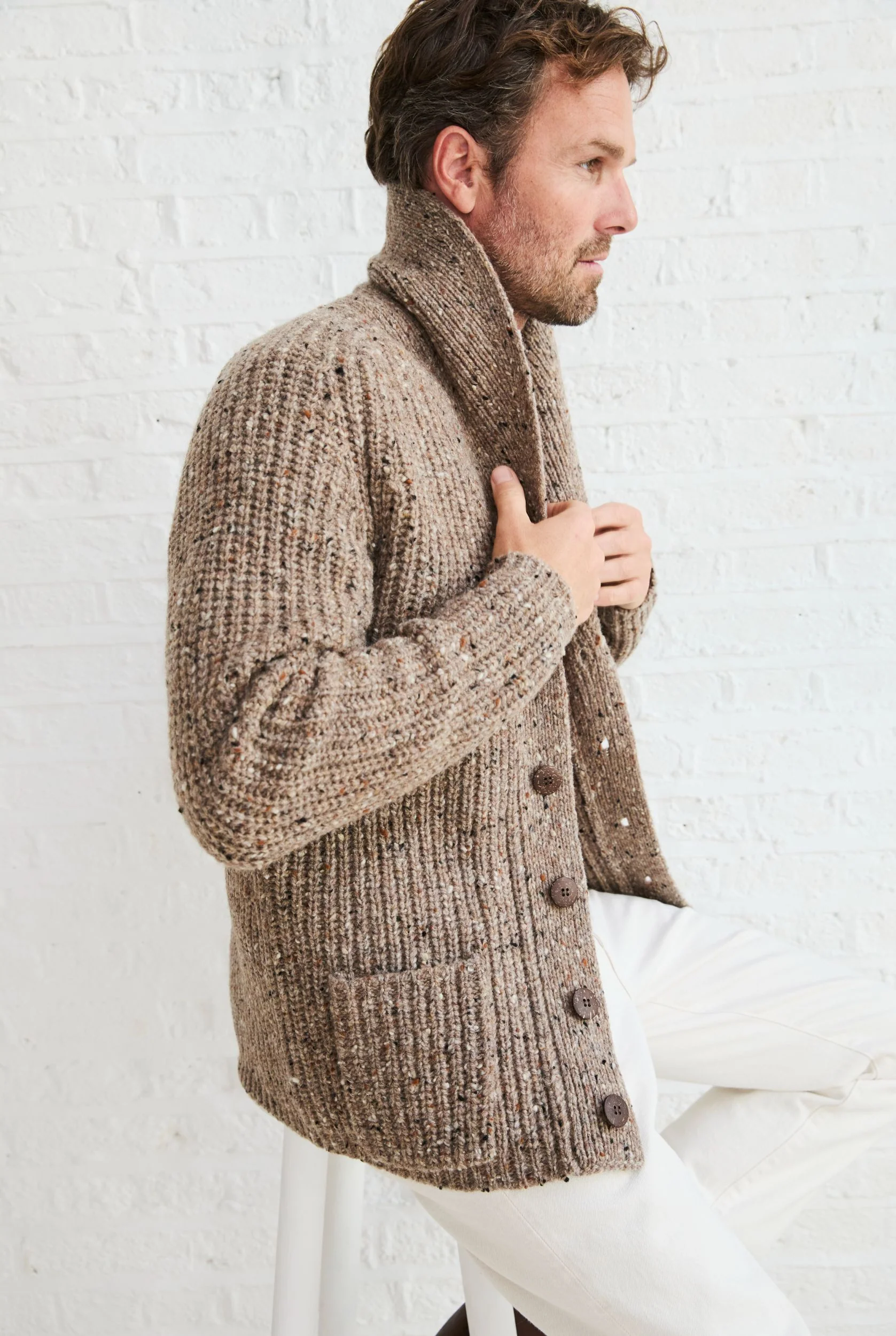 Curragh Mens Rib Shawl Cardigan - Oat - Image 6