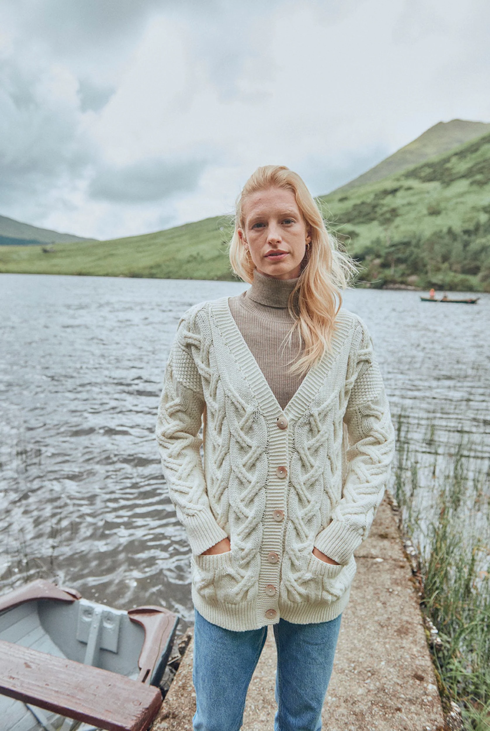 Downpatrick Ladies Aran Cardigan - Cream - Image 3