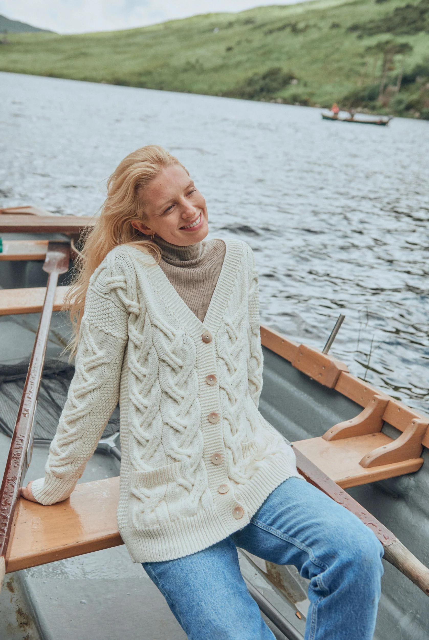 Downpatrick Ladies Aran Cardigan - Cream - Image 4