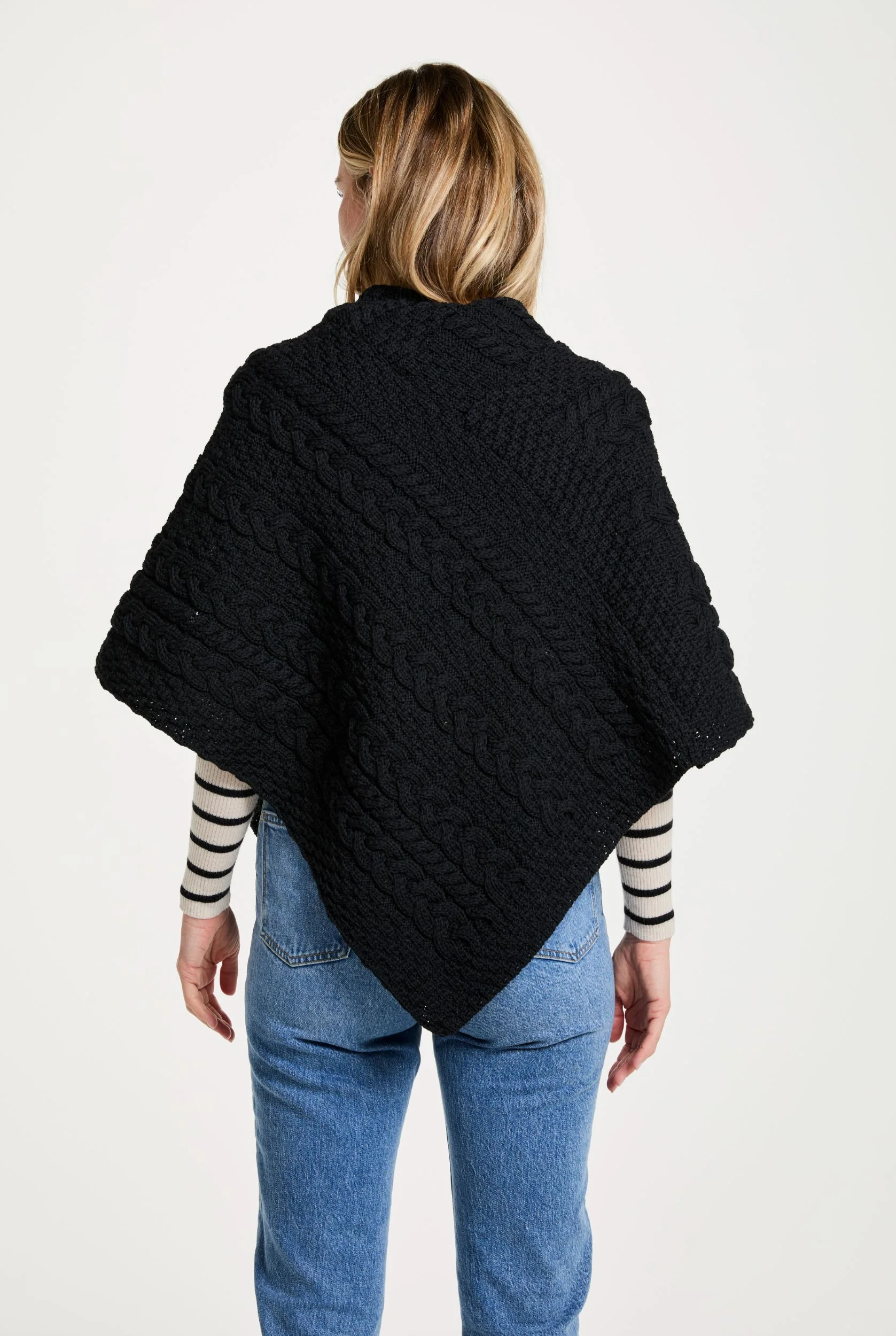 Easkey Ladies Classic Merino Aran Button Poncho - Black - Image 4