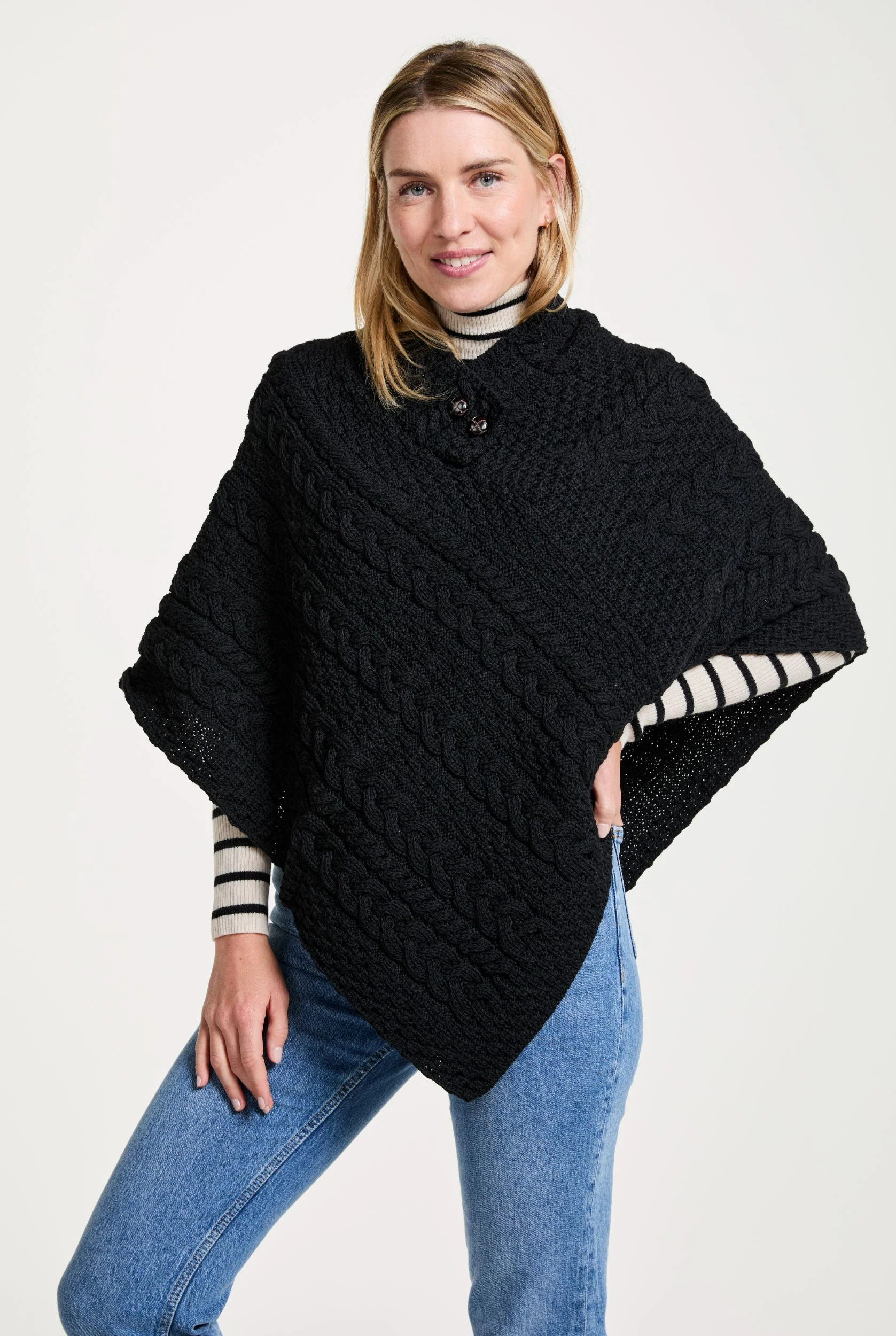 Easkey Ladies Classic Merino Aran Button Poncho - Black - Image 5