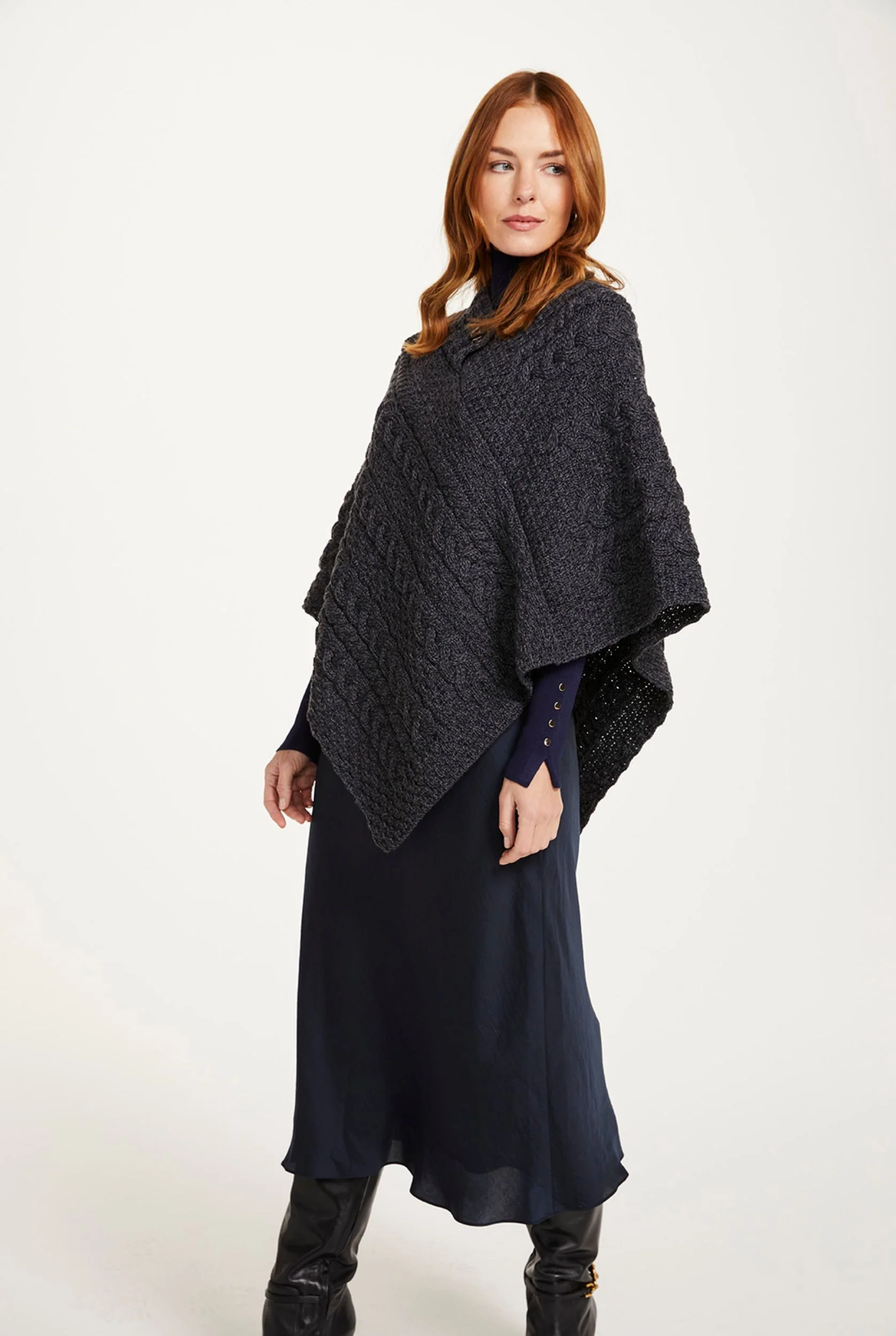 Easkey Ladies Classic Merino Aran Button Poncho - Charcoal - Image 3