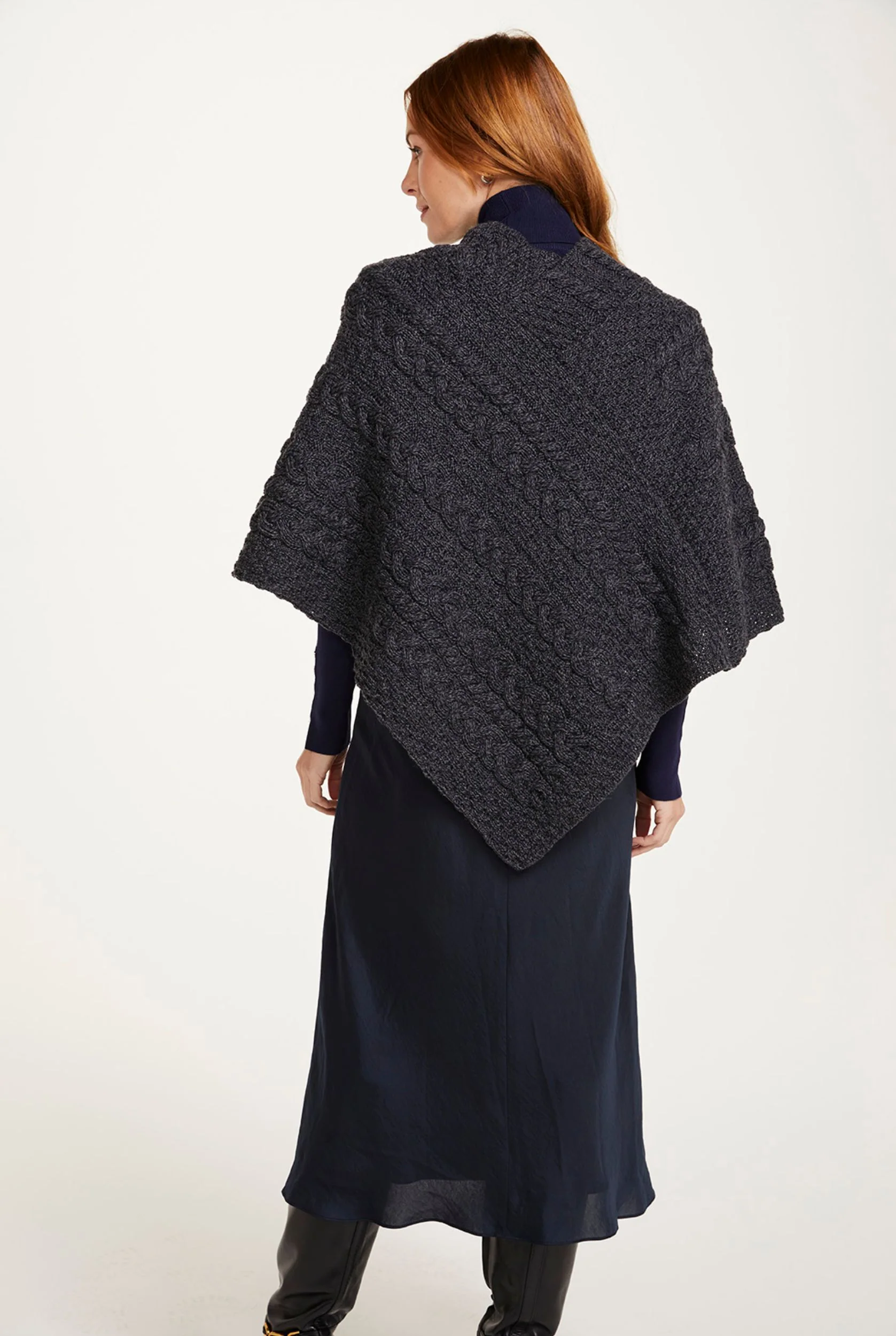 Easkey Ladies Classic Merino Aran Button Poncho - Charcoal - Image 4