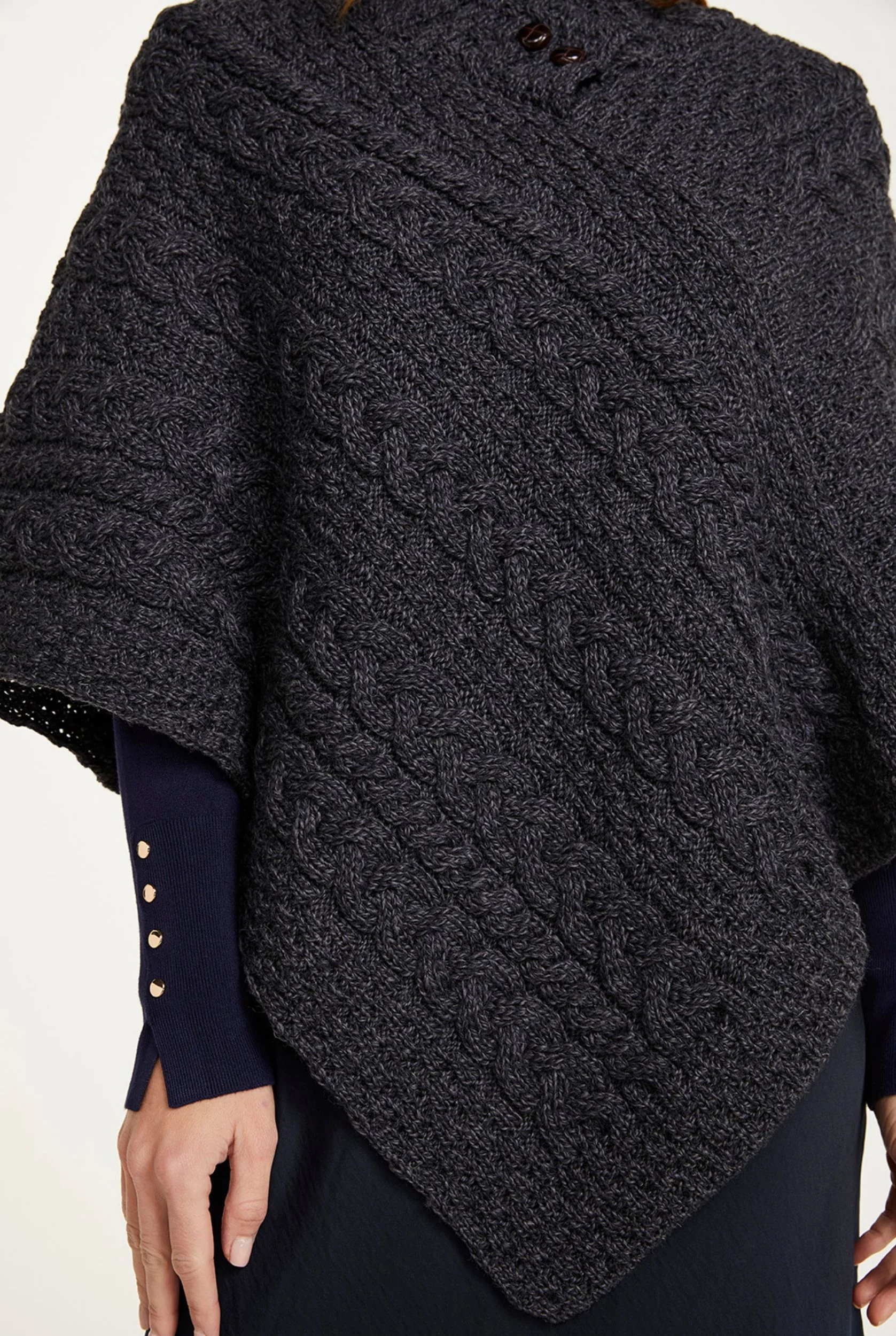 Easkey Ladies Classic Merino Aran Button Poncho - Charcoal - Image 5