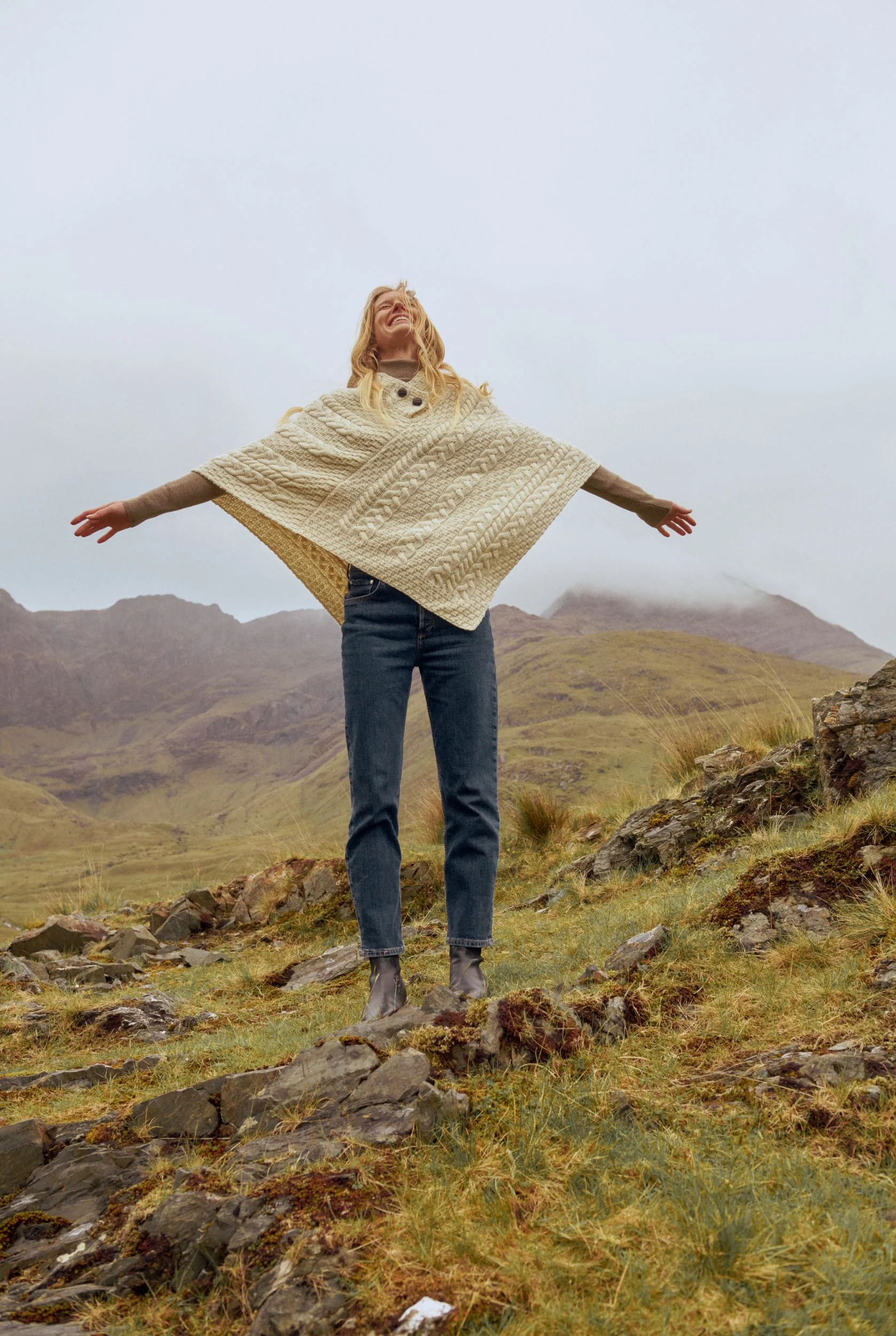 Easkey Ladies Classic Aran Button Poncho - Cream - Image 4