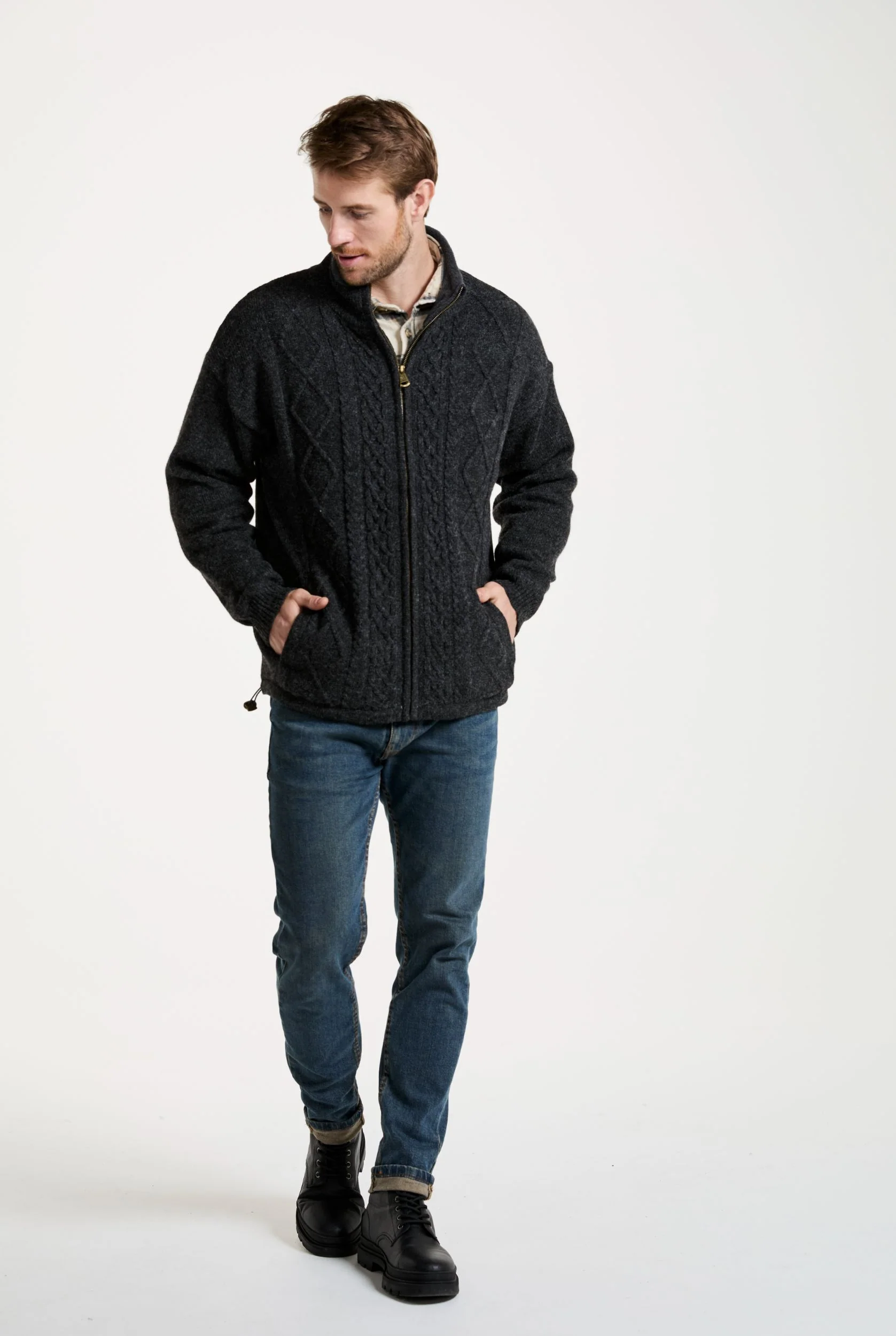 Farmleigh Lined Wool Mens Cardigan - Grey - Image 5