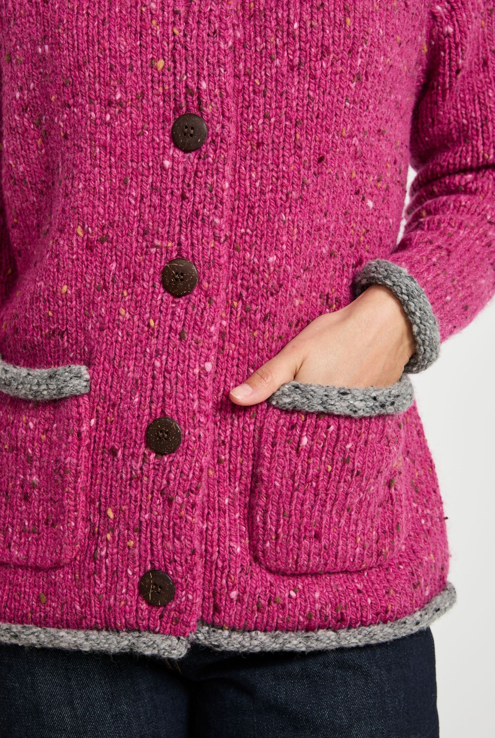 Glenariff Ladies Raglan Donegal Tweed Cardigan - Pink/Grey - Image 3
