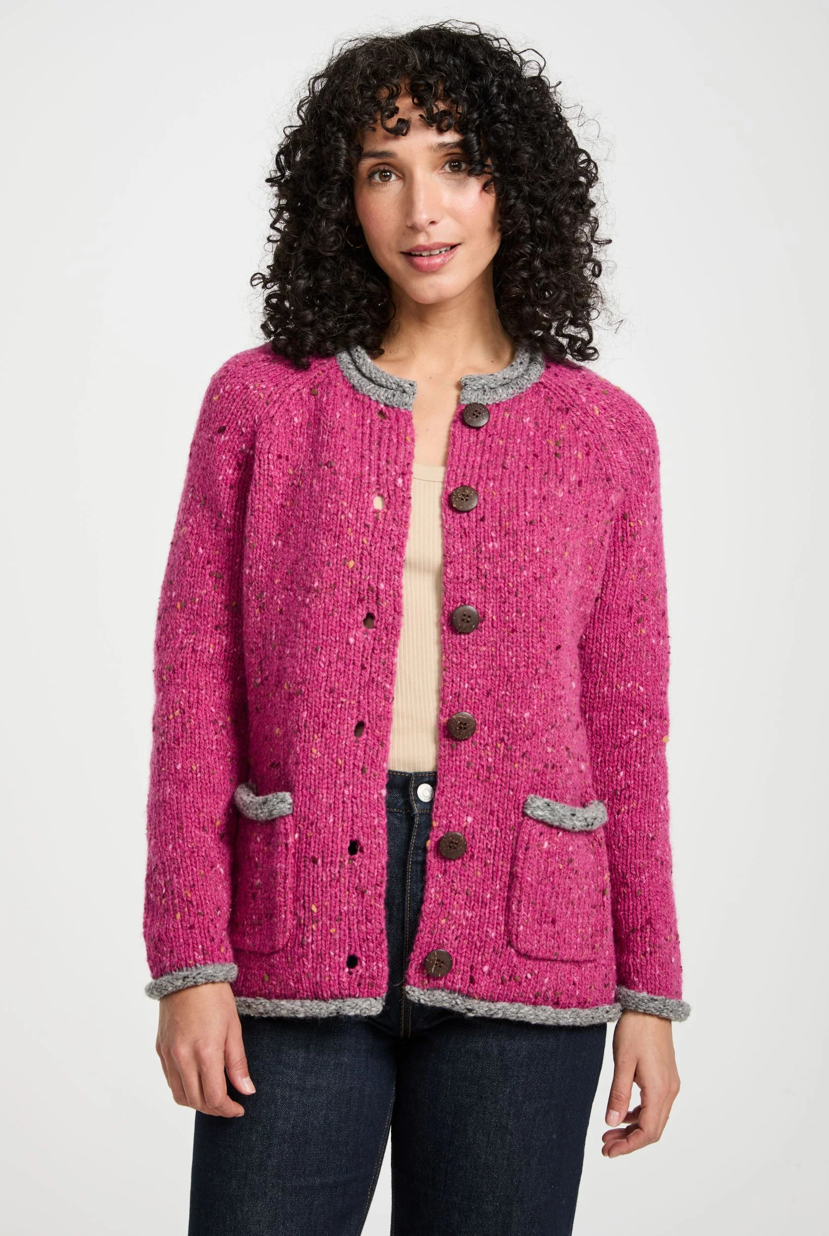 Glenariff Ladies Raglan Donegal Tweed Cardigan - Pink/Grey - Image 4