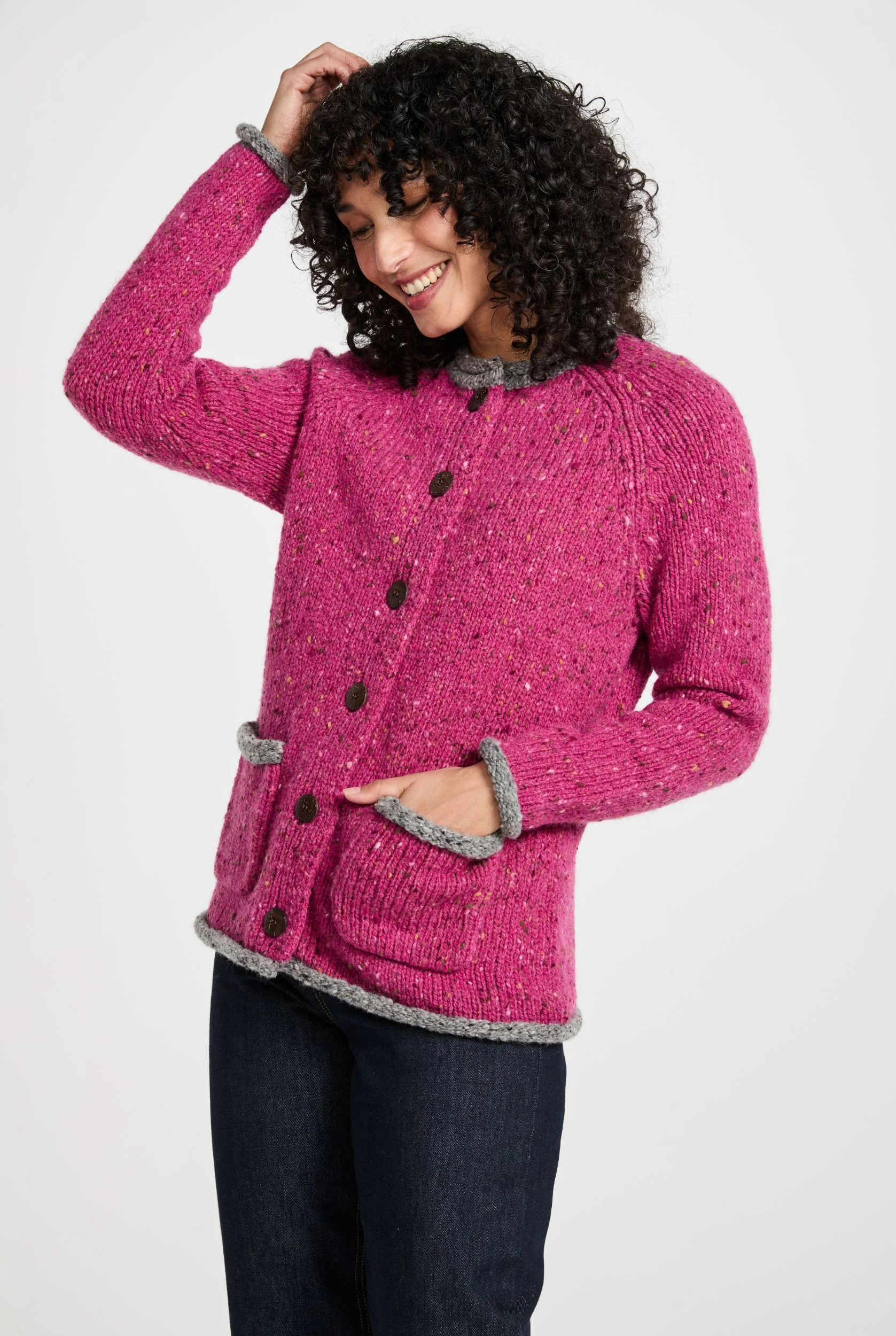Glenariff Ladies Raglan Donegal Tweed Cardigan - Pink/Grey - Image 6