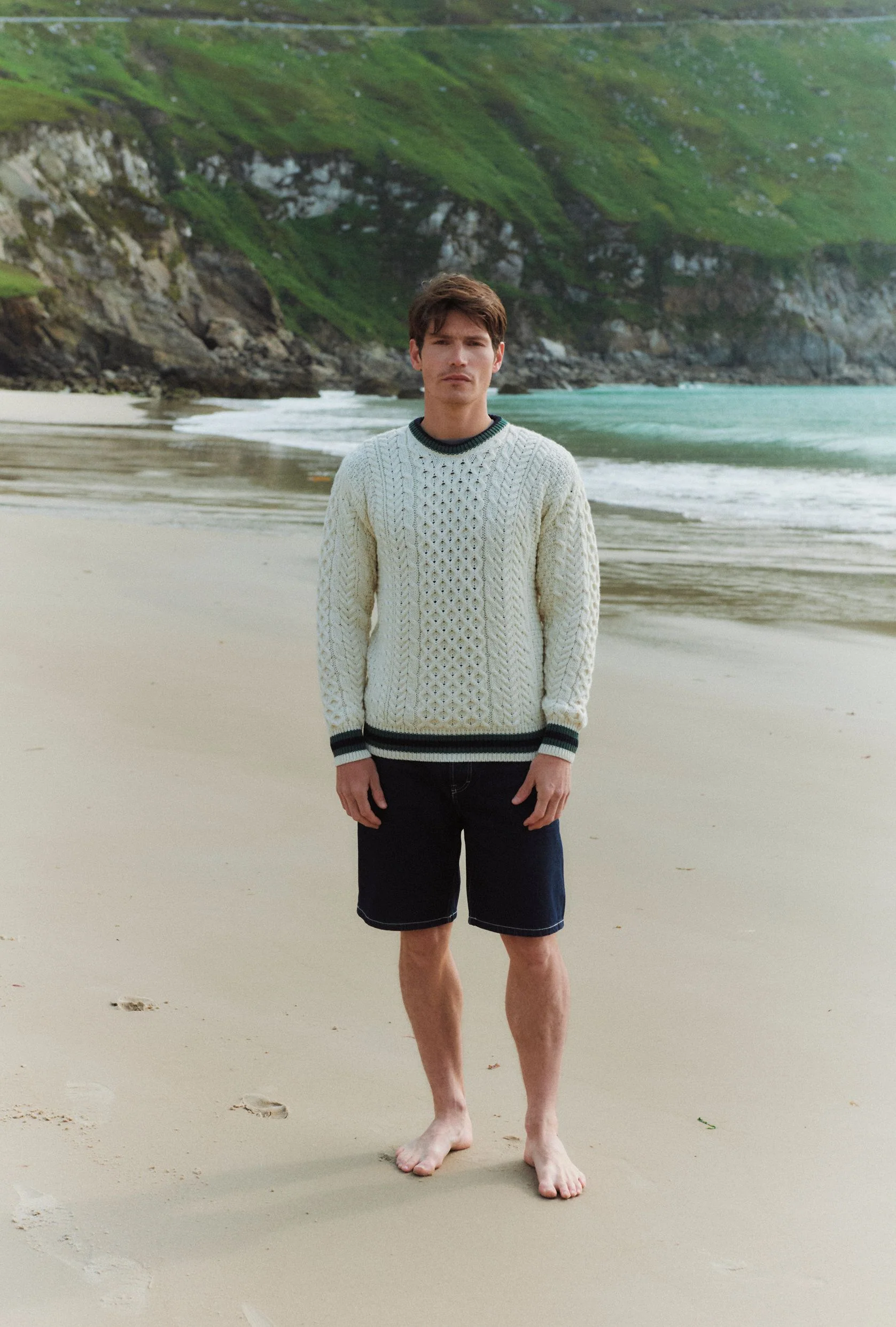 Inishbeg Mens Stripe Crewneck Merino Aran Sweater - Cream - Image 3