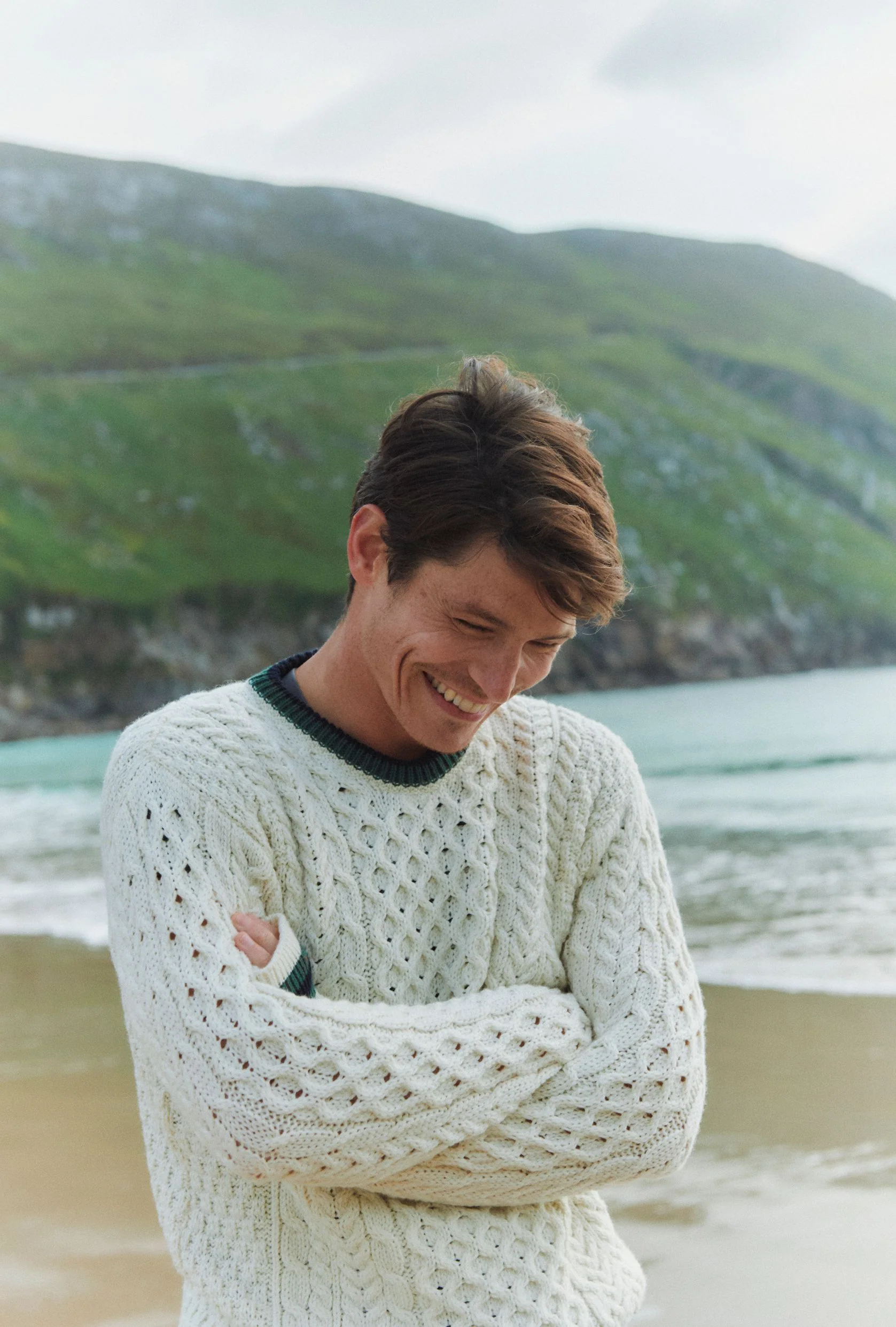 Inishbeg Mens Stripe Crewneck Merino Aran Sweater - Cream - Image 4