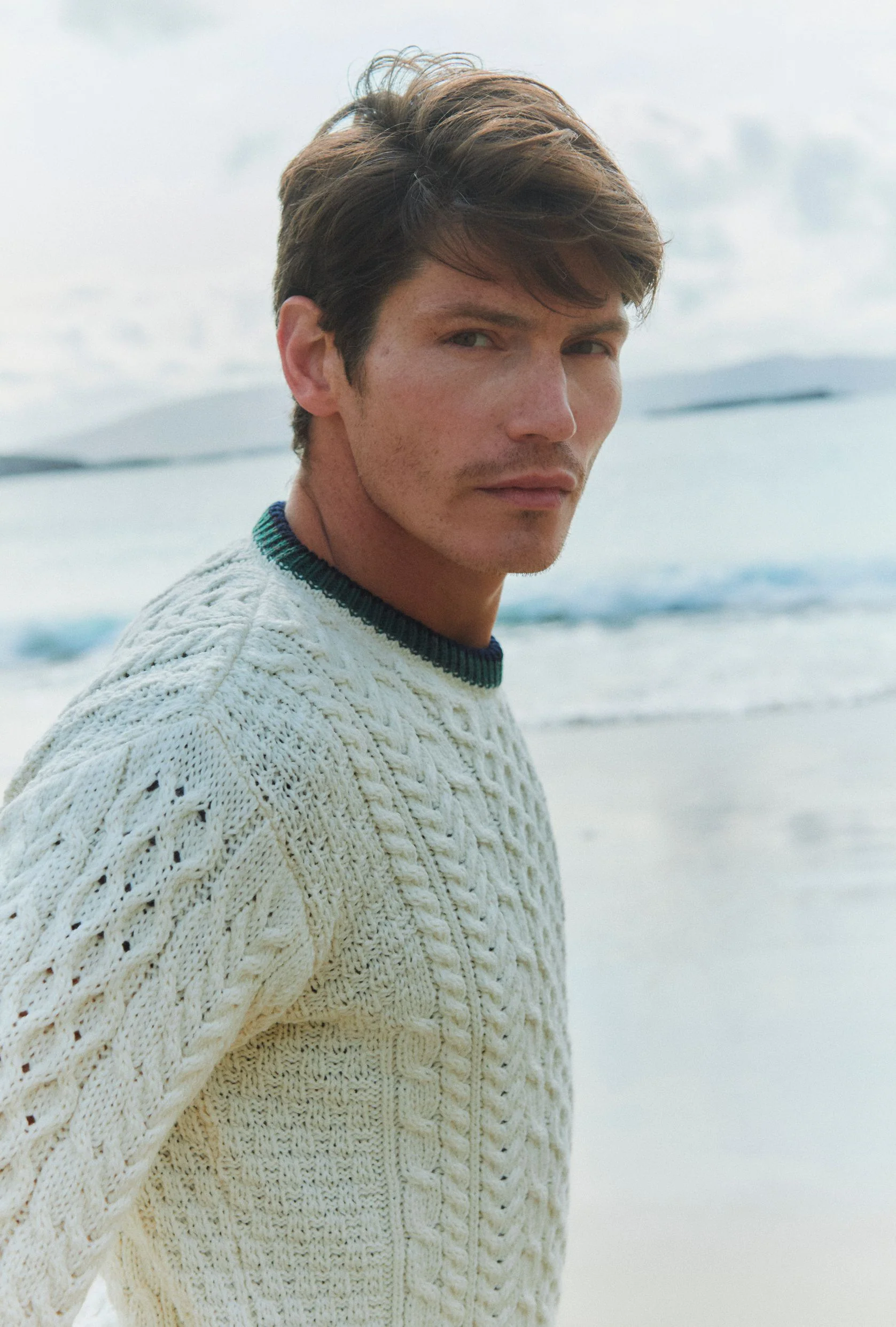 Inishbeg Mens Stripe Crewneck Merino Aran Sweater - Cream - Image 5