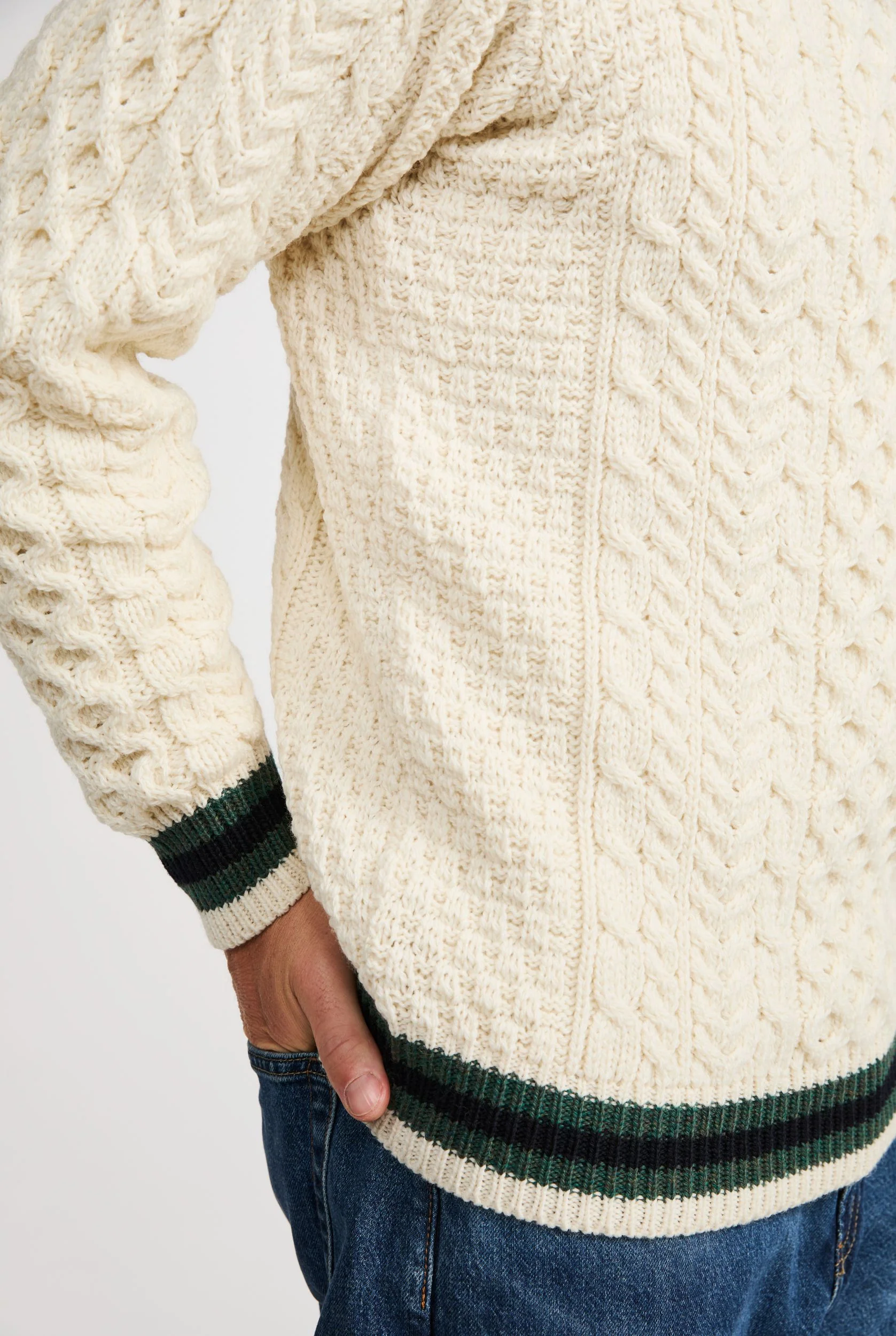 Inishbeg Mens Stripe Crewneck Merino Aran Sweater - Cream - Image 6