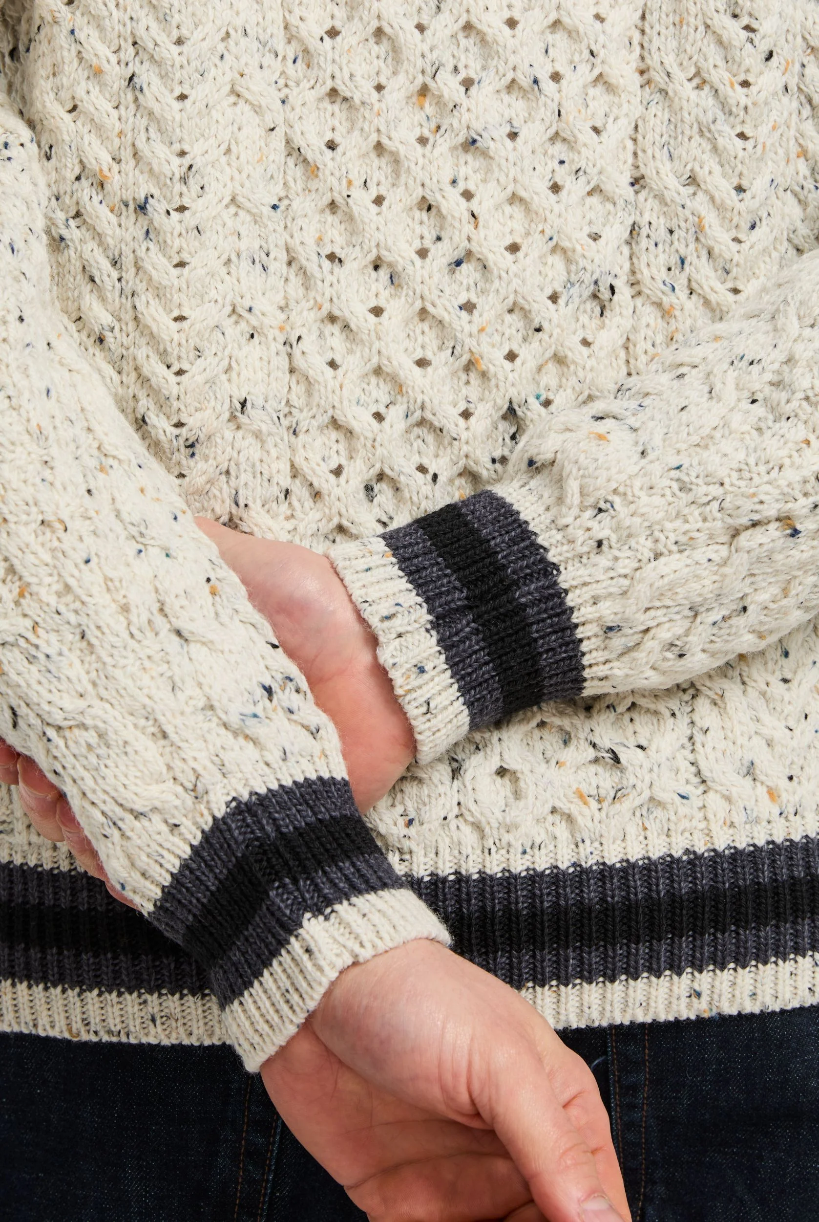 Inishbeg Mens Stripe Crewneck Merino Aran Sweater - Flecked Cream - Image 3