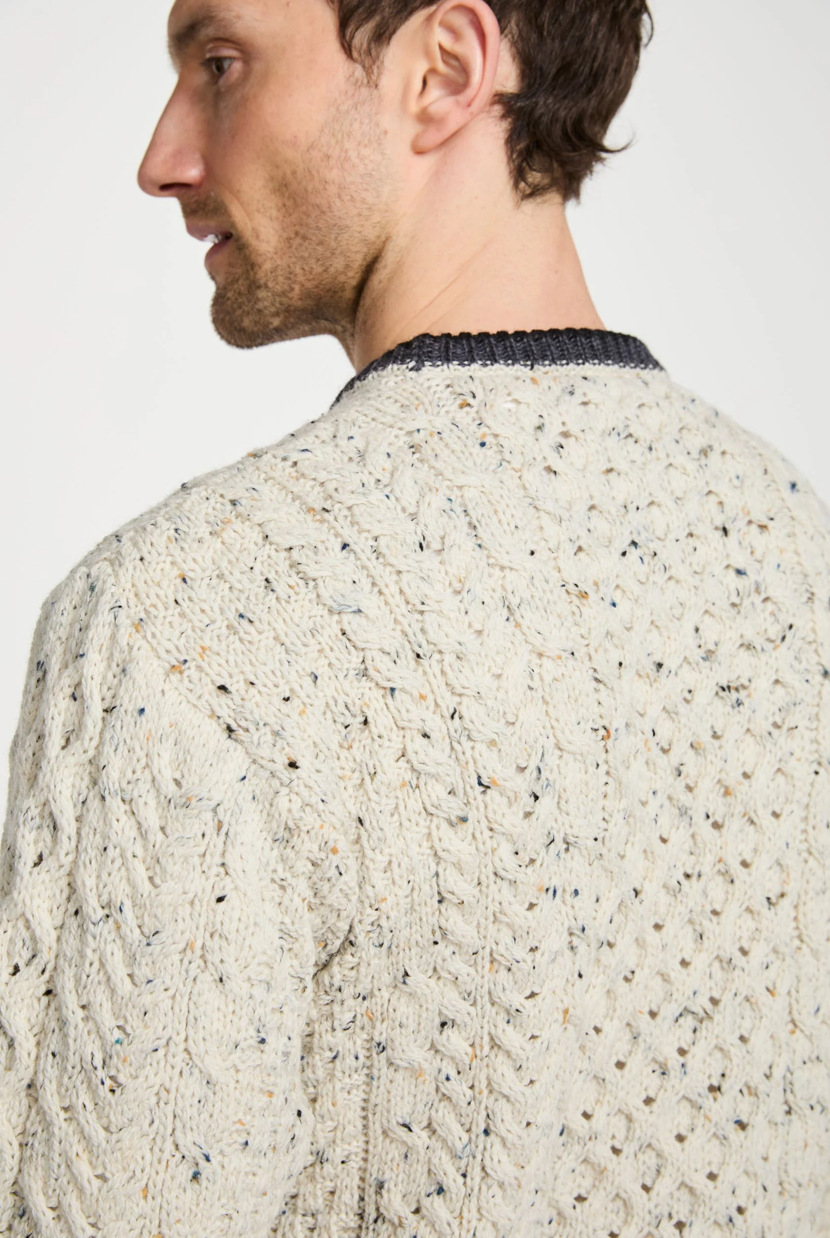 Inishbeg Mens Stripe Crewneck Merino Aran Sweater - Flecked Cream - Image 4