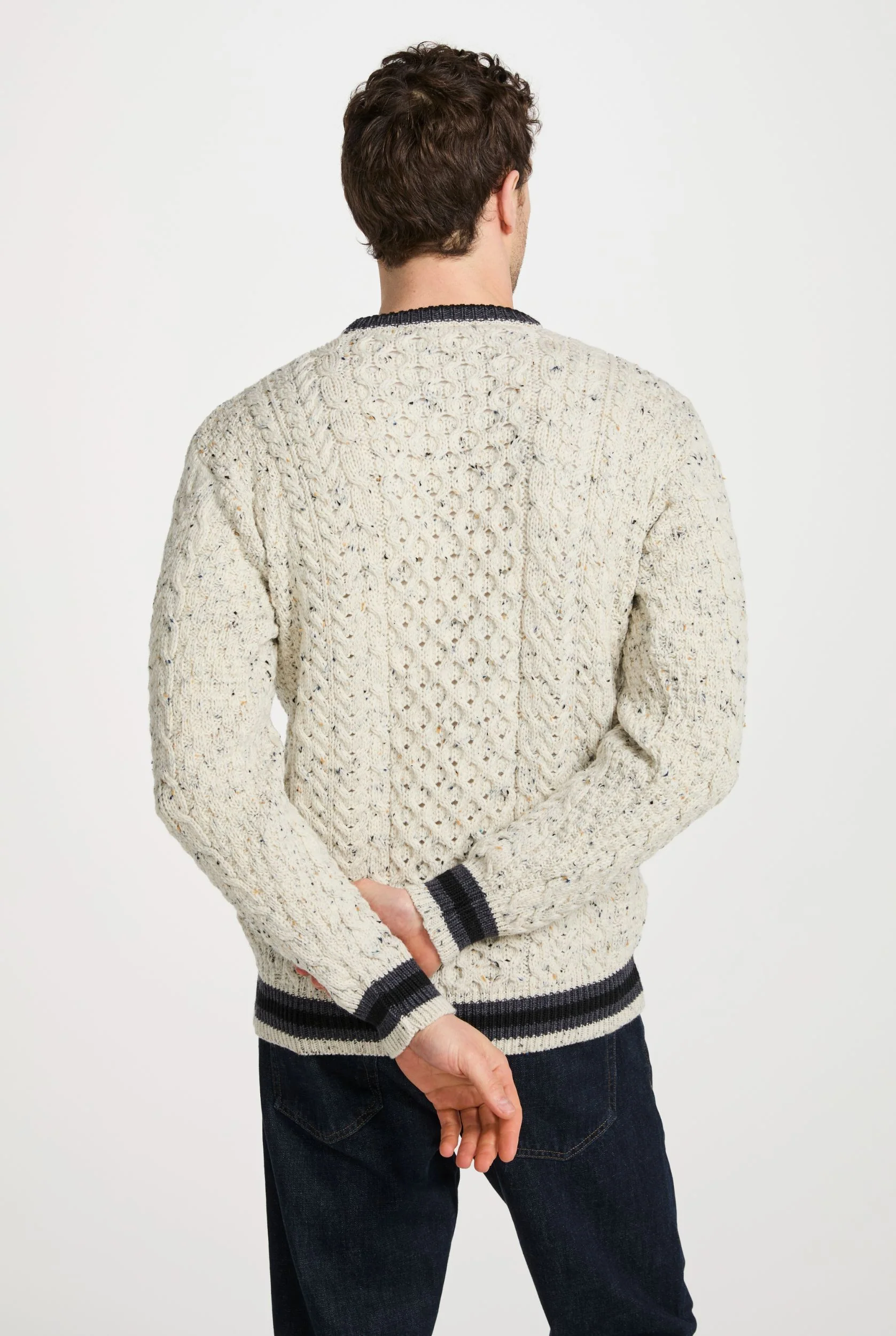 Inishbeg Mens Stripe Crewneck Merino Aran Sweater - Flecked Cream - Image 5