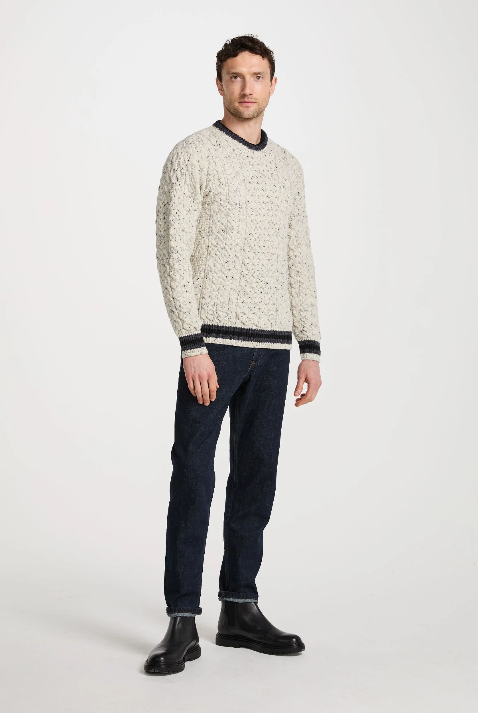 Inishbeg Mens Stripe Crewneck Merino Aran Sweater - Flecked Cream - Image 6